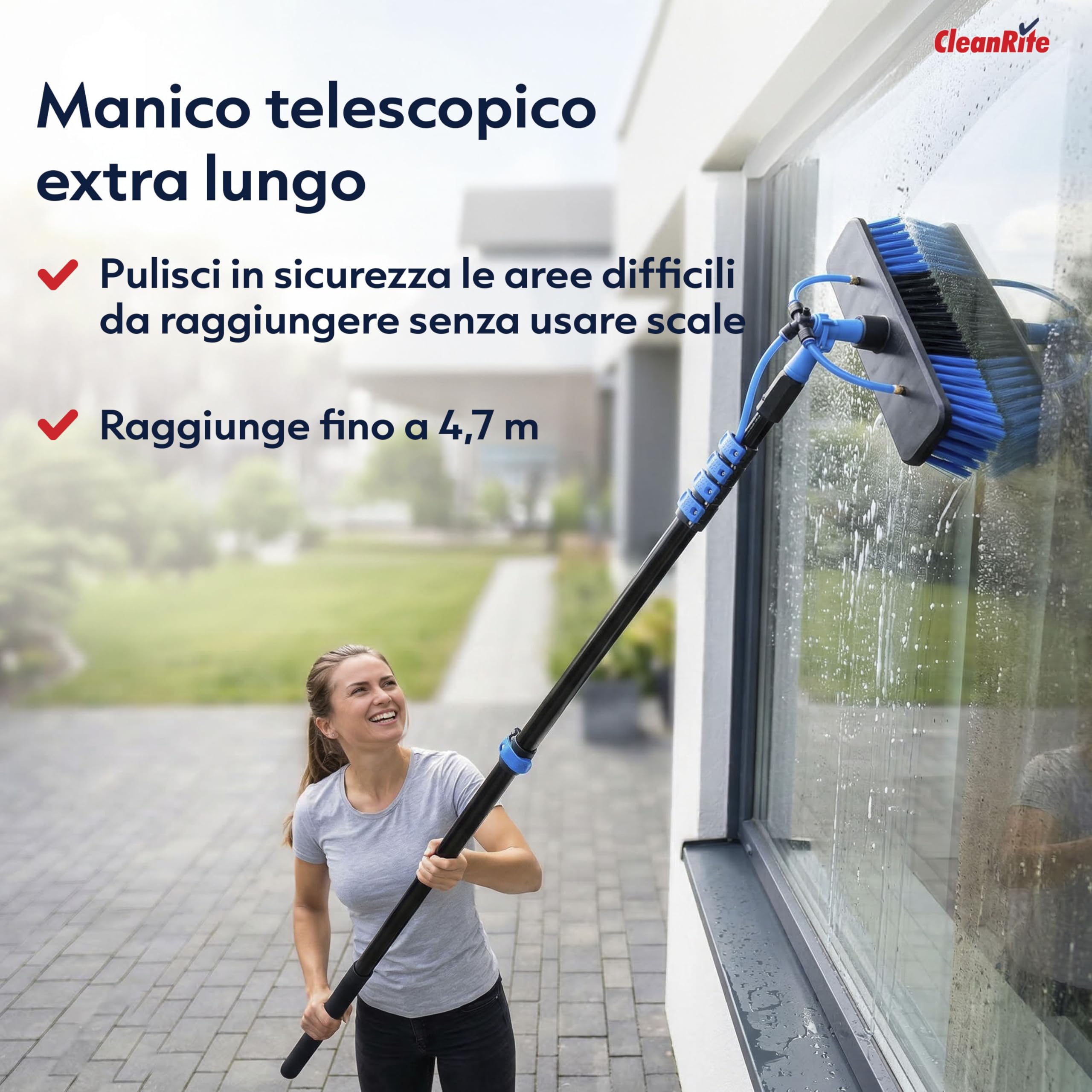 CleanRite® Asta Telescopica 4,7 m | Spazzola Lavaggio Telescopica con Attacco Acqua | Testa Regolabile con Serbatoio Sapone | Pulizia Auto, Vetri, Pannelli Fotovoltaici | Nero