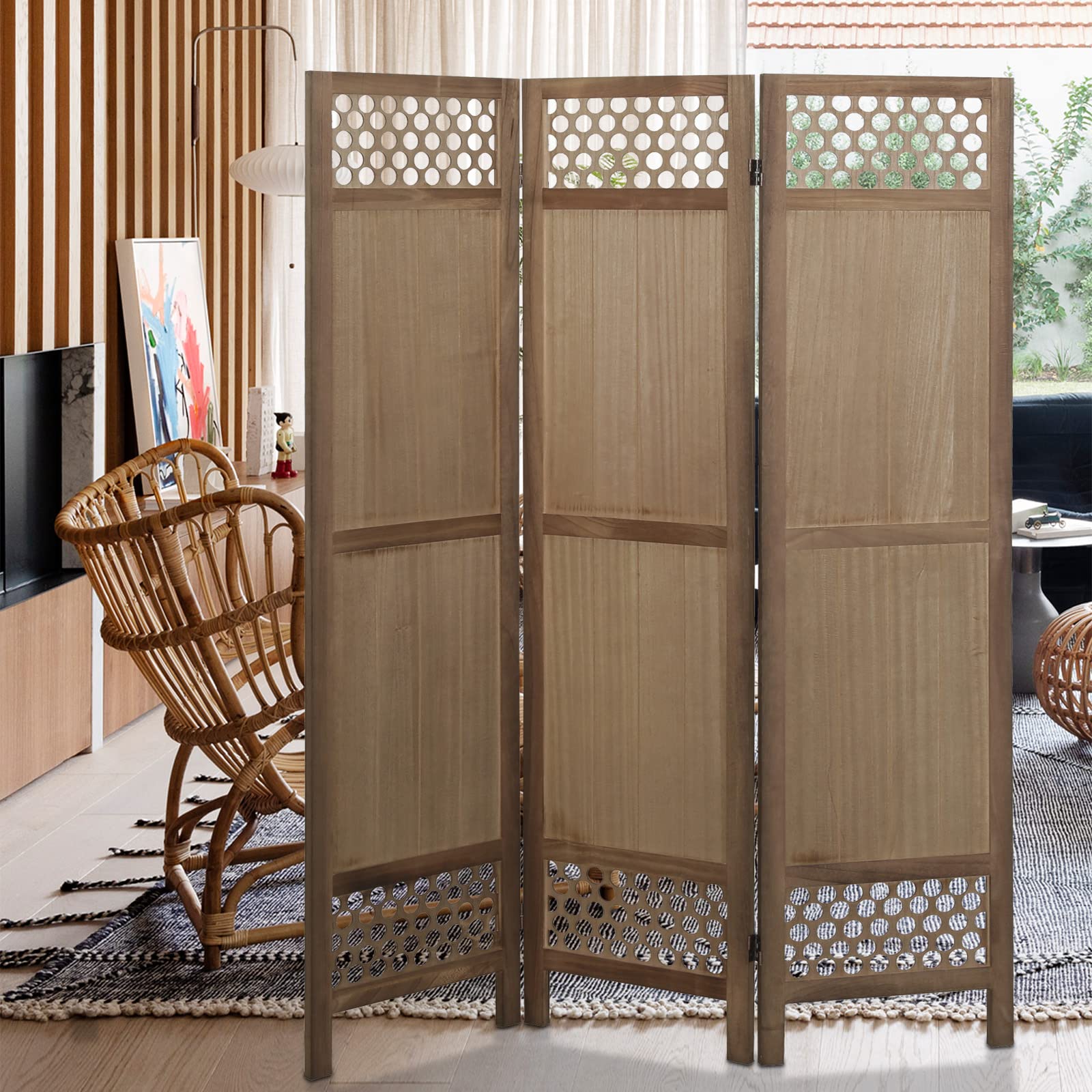 ECOMEX Wooden Room Divider Screens, Wooden Room Separator, Rustic Style 5.6ft 3 Panel Room Divider, Unique Privacy Foldable Home Space Partition, Brown