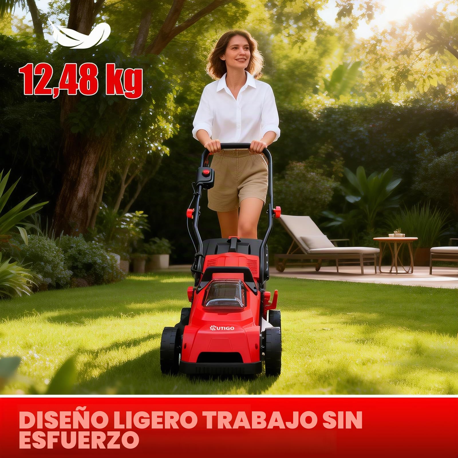 OUTIGO Cortacésped Eléctrico 21V, Batería 5.0Ah Incluida, 33 cm de Ancho de Trabajo, hasta 250 m², 32 L Bolsa recolectora, Altezza Regolabile 25-65 mm