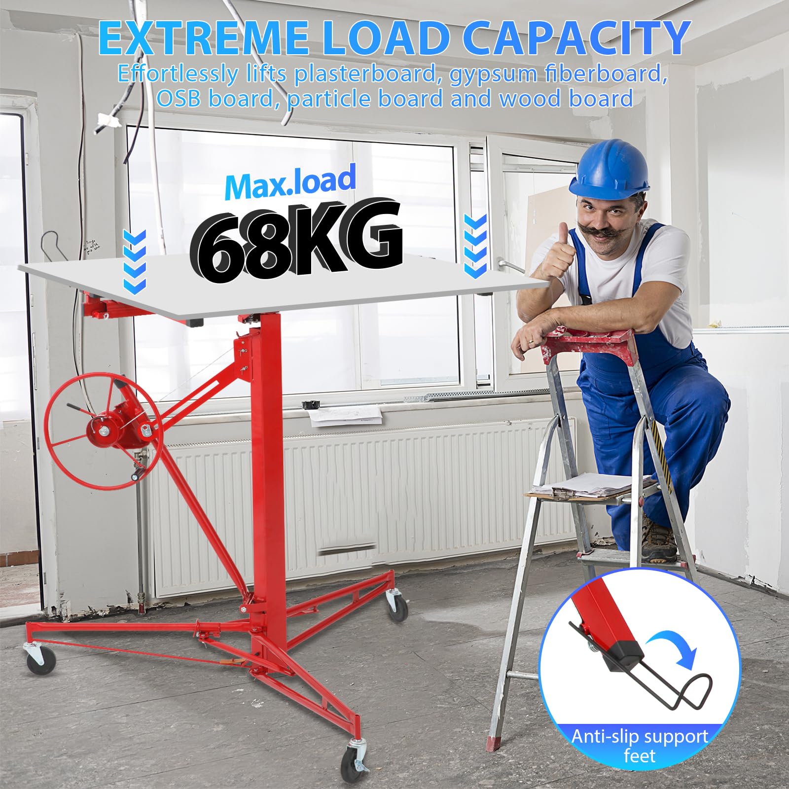 Klappbarer Plattenheber für Rigips- & Trockenbauplatten, Höhenverstellbar 120–335 cm, Max. Breite 296 cm, 68 kg Traglast, 60° Neigungswinkel, 3 Räder mit Feststellbremse, Rot