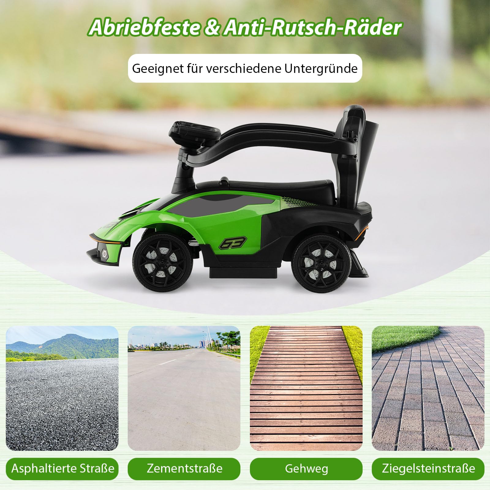 COSTWAY Rutschauto Lamborghini, Rutschfahrzeug mit Schiebstange & Stauraum, Schiebeauto mit Lenkrad & Hupe & Motorsound, 3-in-1 Rutscher Auto für Kinder ab 1 Jahr (Grün)