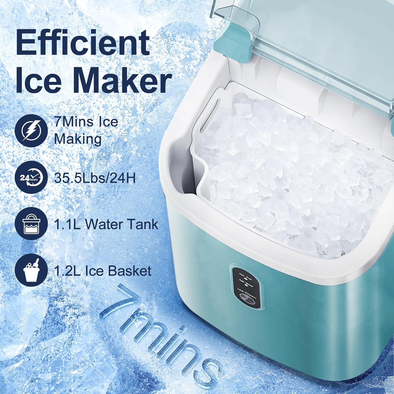 ZAFRO Portable Ice Maker Countertop with Handle/Indicator Lamps, 7 Mins Fast Ice Making, 35Lbs/24H, Nugget Ice Maker Machine with Ice Basket/Ice Scoop for Home/Office/Restaurant/Bar, Green