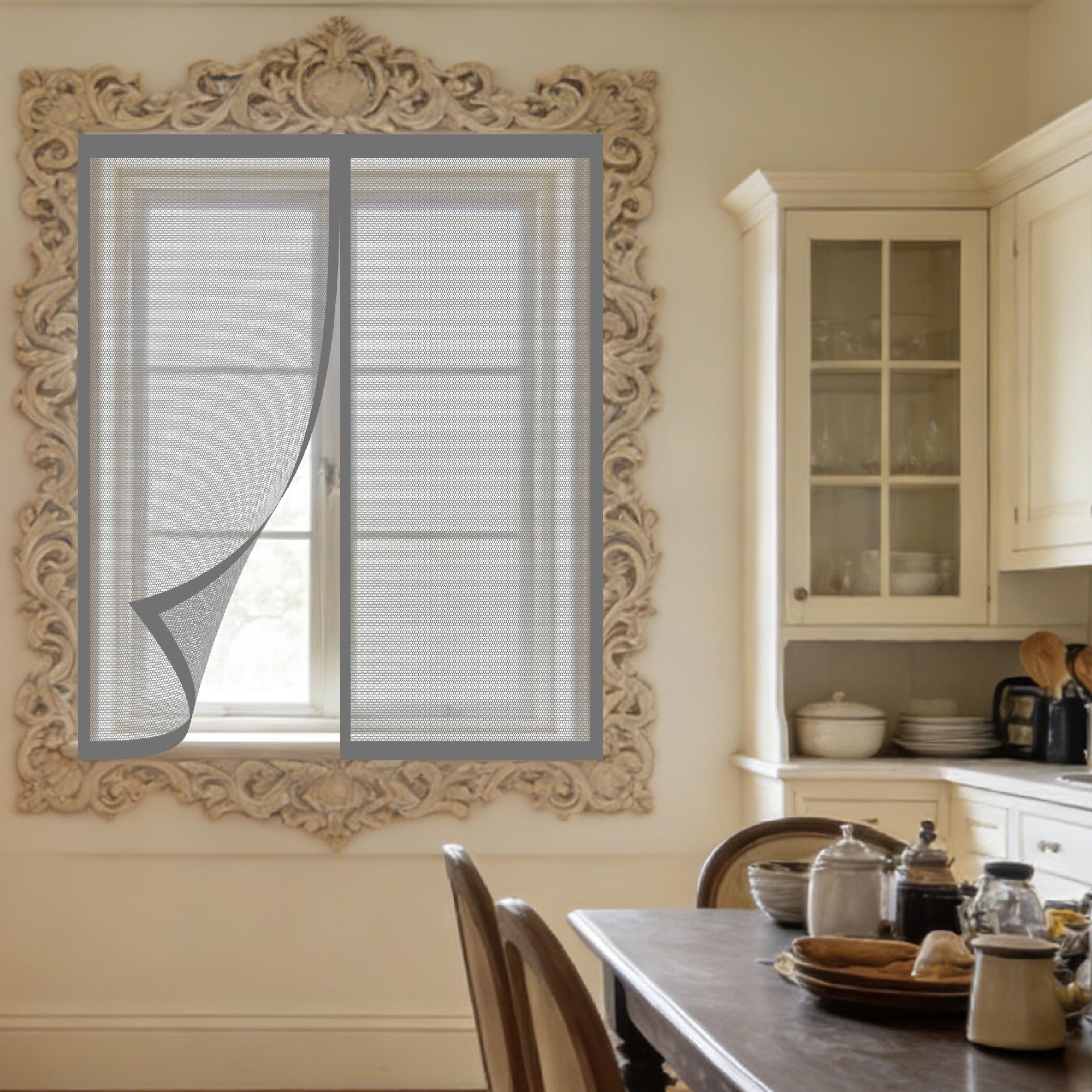 Window Fly Screen 115 x 155 cm Selfadhesive Tape DIY Fly Screen for Windows Fine Mesh Design Prevents Tiny Insects from Entering for Living Room Bedroom Offfice, Grey