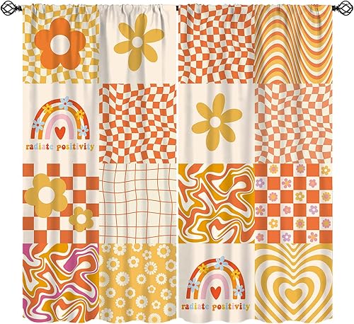 Miniatura 14 de Cortinas florales retro de los años 70, tratamiento de ventana abstracto geométrico hippie floral de mediados de siglo, cortinas con aislamiento