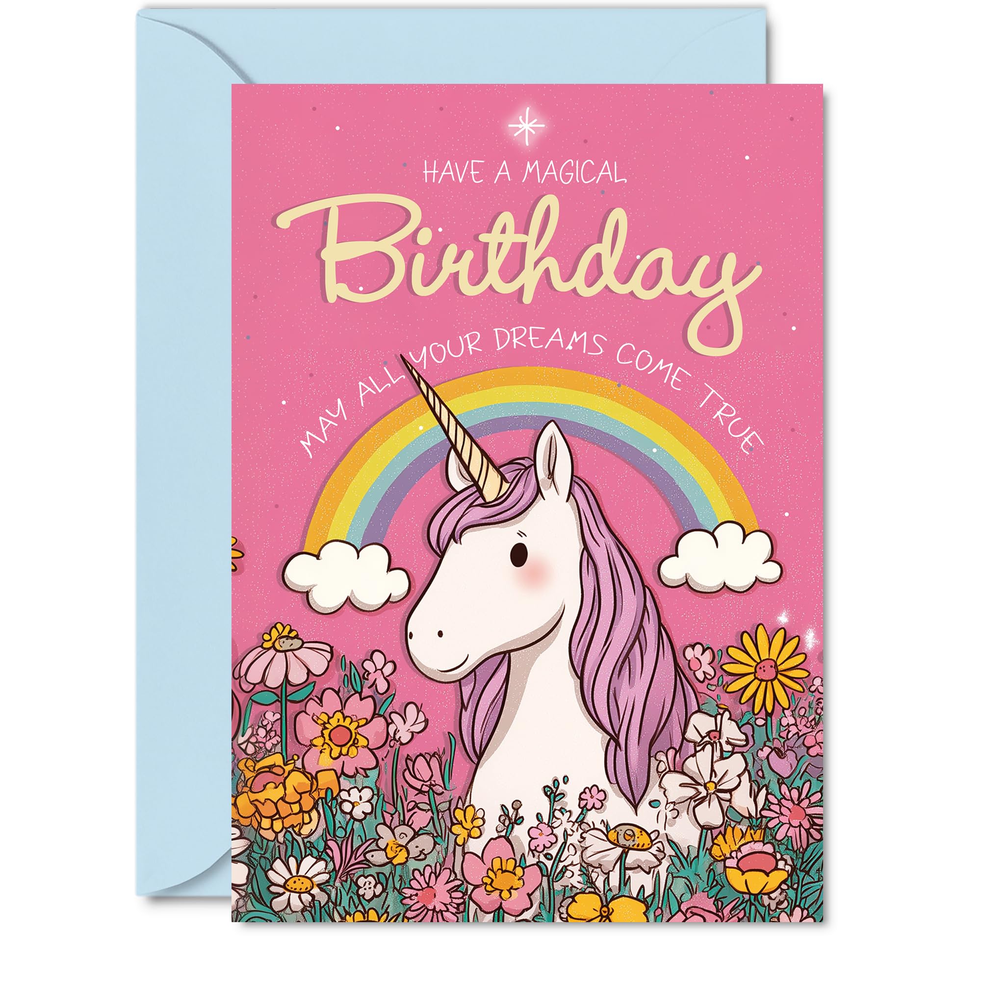 Cute Birthday Card - Bursting with Magic - Whimsical Unicorn, Pastel Flowers and Rainbow Design - Perfect for Anyone Who Loves a Sprinkle of Wonder - 5x7 Inch, Envelope Included
