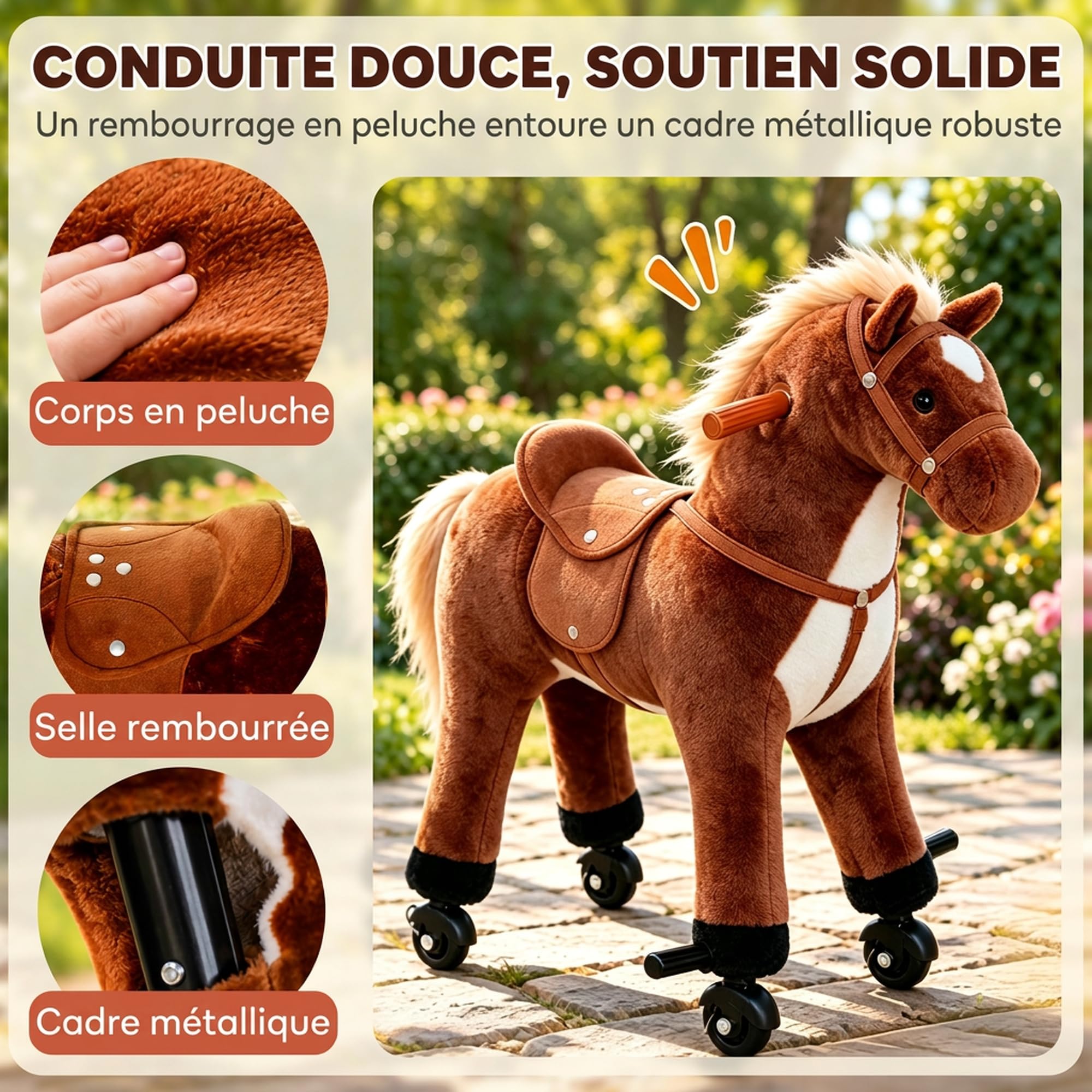 HOMCOM Cheval à Monter pour Enfant Sons Réalistes 24+ Mois 75 cm Marron