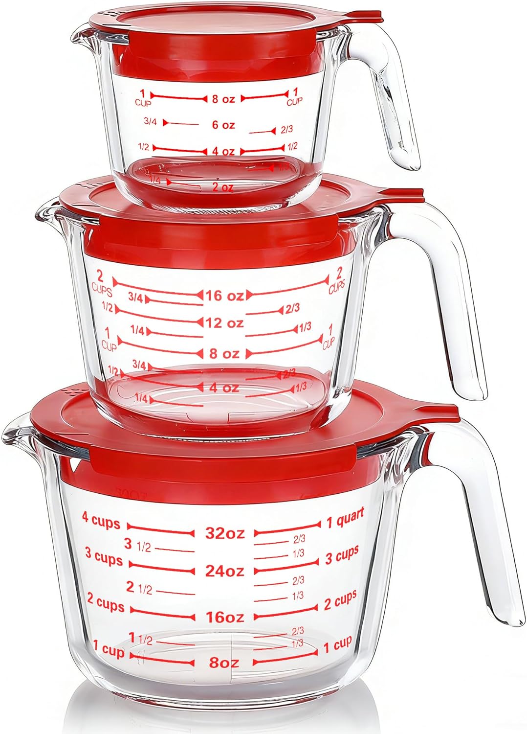 MCIRCO 6-Piece Glass Measuring Cups with Lids Set - 1/2/4 Cup Nesting Borosilicate Jugs, Oven/Microwave Safe Handles for Kitchen Baking