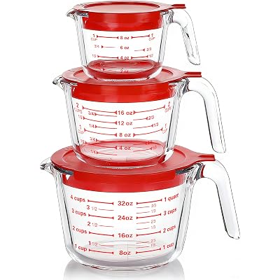 M MCIRCO 6 Pcs Glass Measuring Cups with Lids Set, 1-Cup, 2-Cup, 4-Cup Measuring Jugs with Handle, Nesting Liquid Measuring Cups for Kitchen