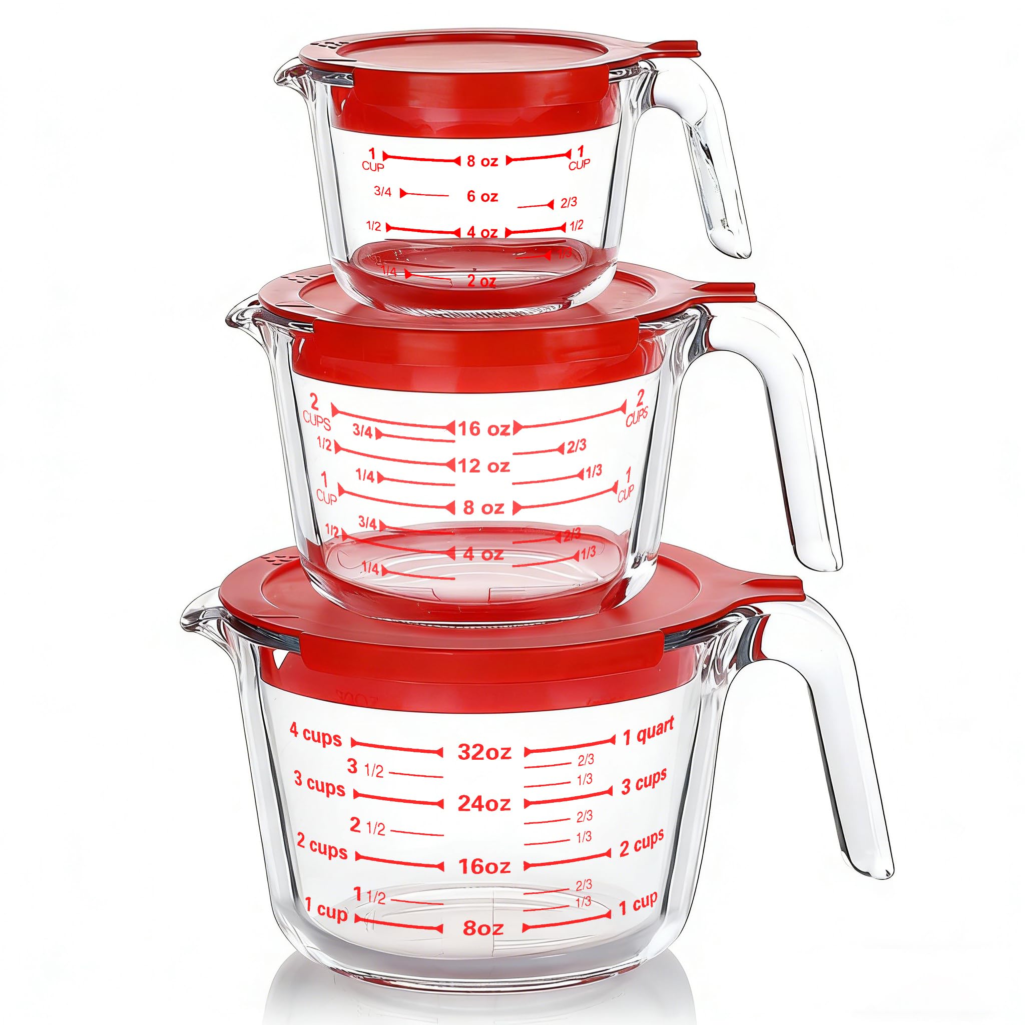 M MCIRCO 6 Pcs Glass Measuring Cups with Lids Set, 1-Cup, 2-Cup, 4-Cup Measuring Jugs with Handle, Nesting Liquid Measuring Cups for Kitchen