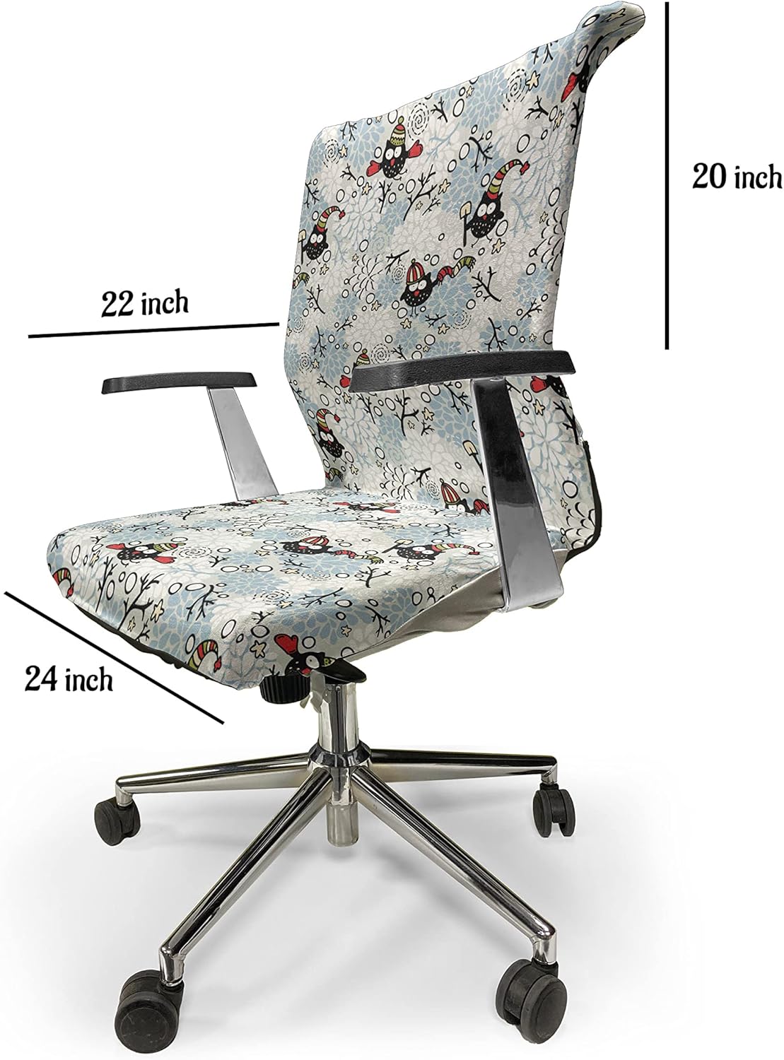 Ambesonne Owls Office Chair Cover, Wintertime Pattern with Characters and Snow Flowers Stars Doodle Style Xmas Theme, Stretchable Decorative Universal Size High Back Printed Slipcover, White Sky Blue
