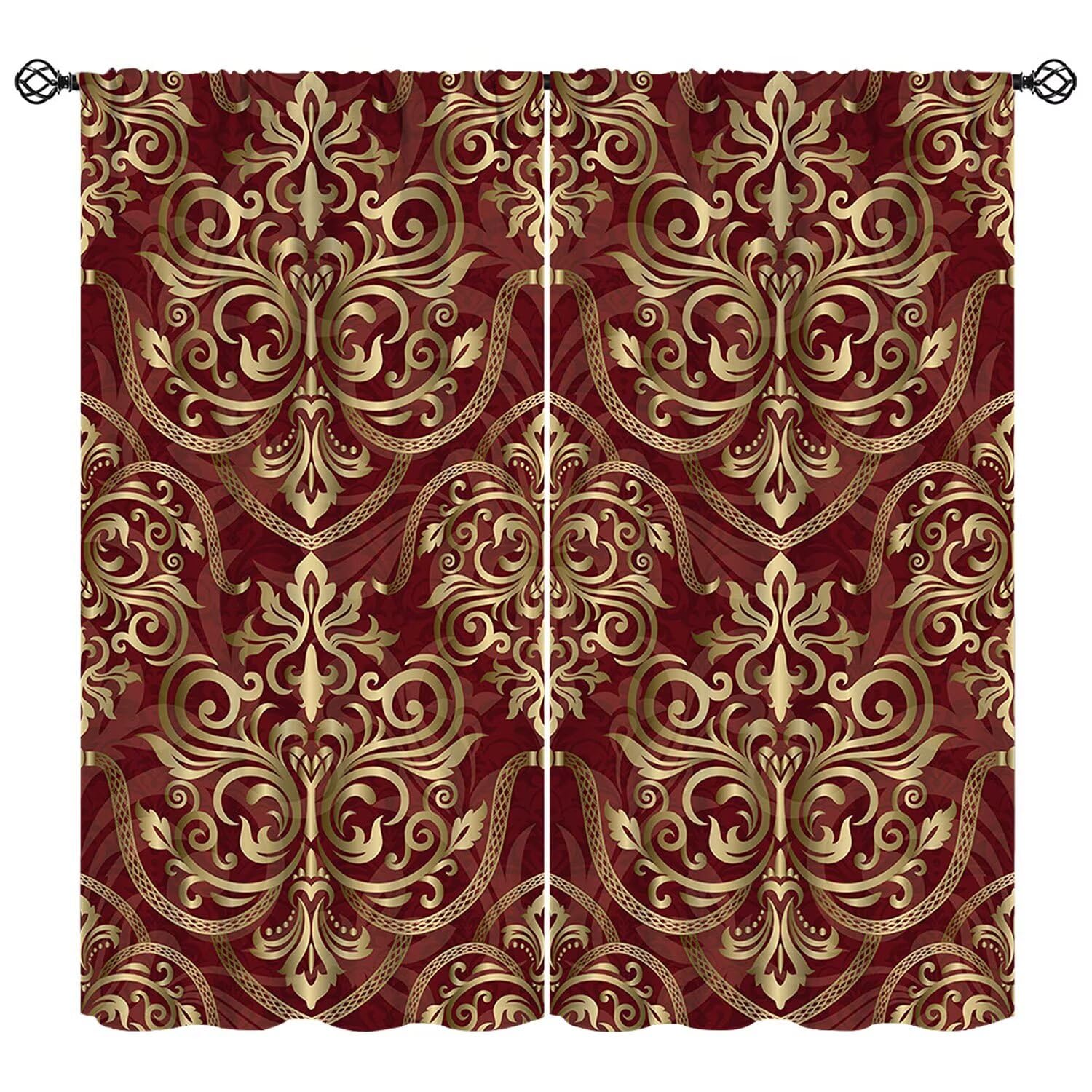 moderw Red Damask Curtains Vintage Luxury Classic Burgundy Gold Damask Floral Window Treatments Boho Antique Victorian Flowers Blackout Window Drapes for Living Room W84xL84in