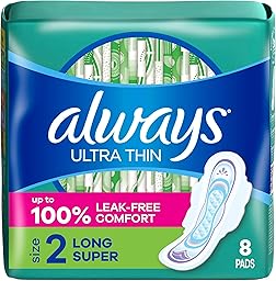 Always Ultra Thin Feminine Pads with Wings for Women, Size 2, Long Super Absorbency, Unscented, Up to 100% Leak-Free Protection, 8 Count