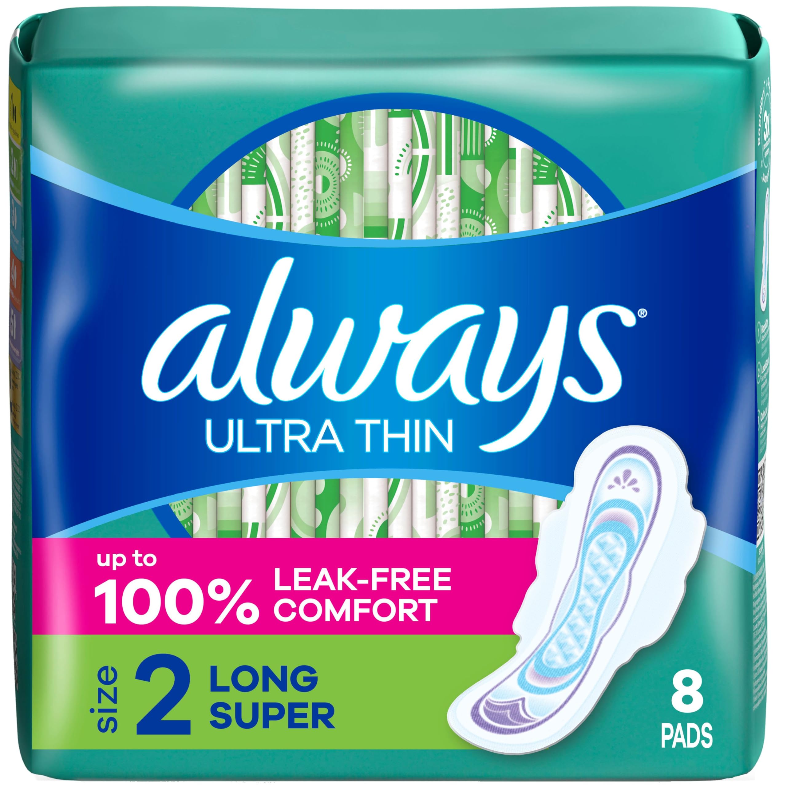 Always Ultra Thin Feminine Pads with Wings for Women, Size 2, Long Super Absorbency, Unscented, Up to 100% Leak-Free Protection, 8 Count - 2