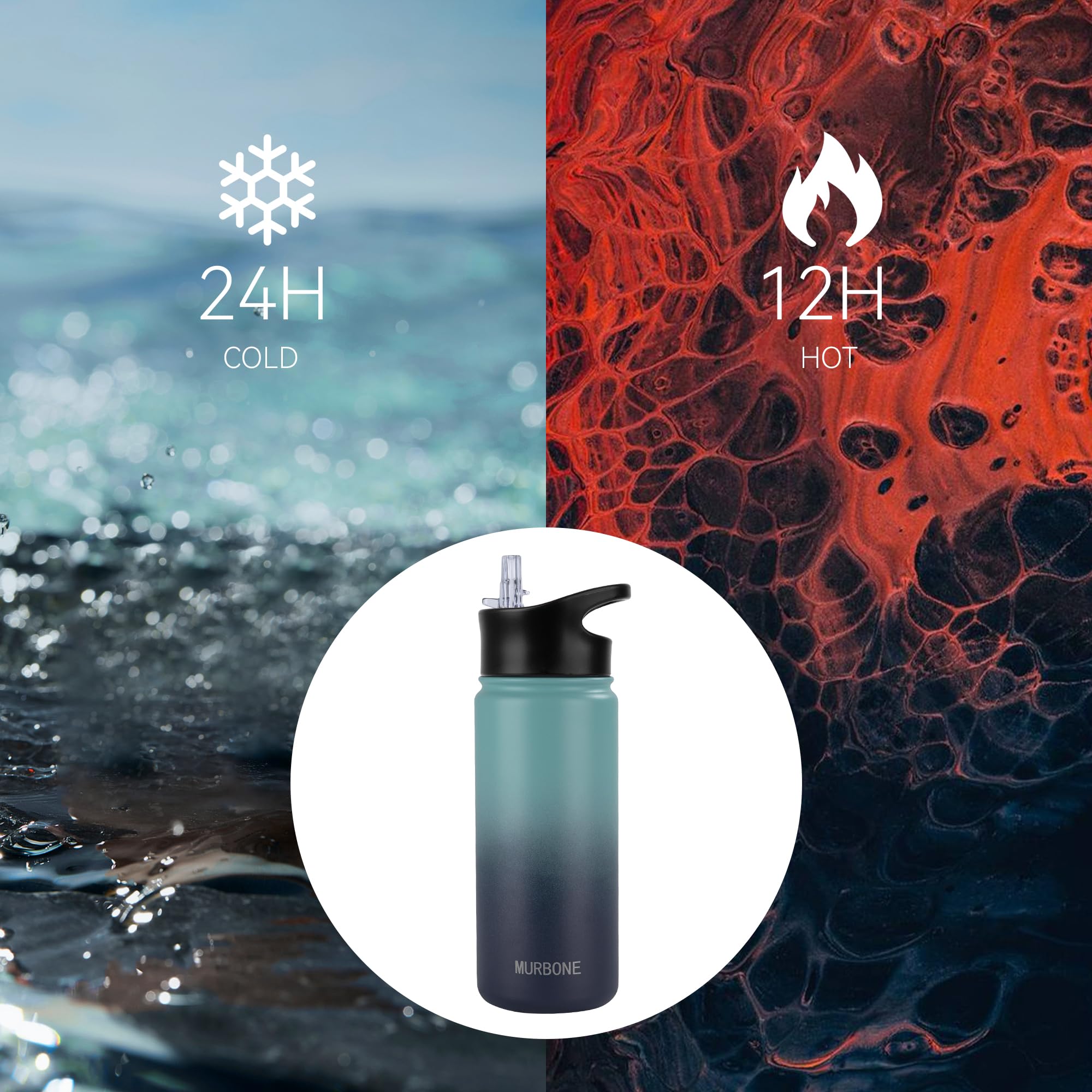 MURBONE Insulated Water Bottle, 500ml Stainless Steel Drink Flask with Straw, BPA Free, 2 Lids (Straw Lid and Spout Lid) - Image 2