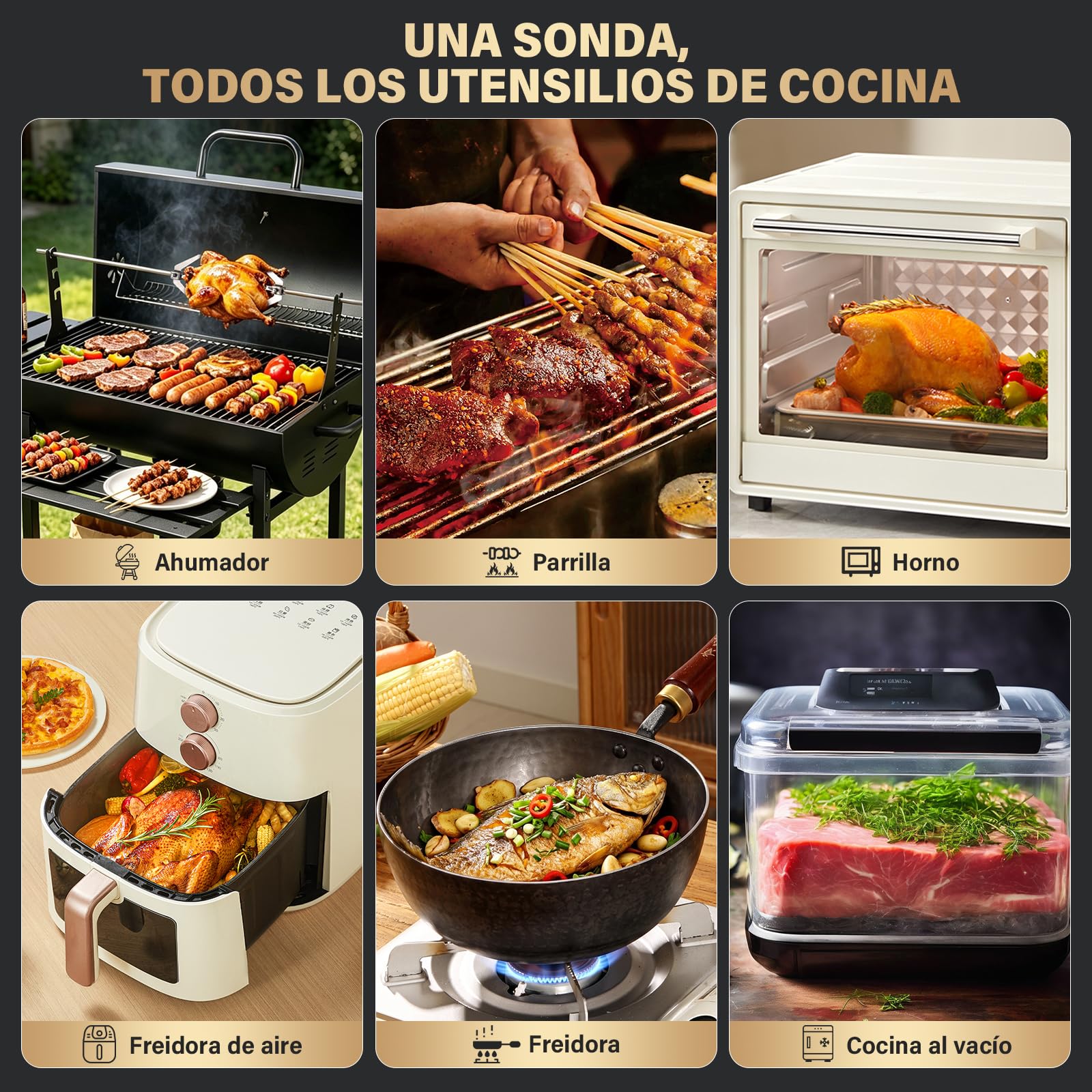 Termometro Cocina Inalámbrico con 2 Sondas, Meat Thermometer con Pantalla LCD, Inteligente APP, Función de Alerta, IP67 Resistente al Agua, Termometro Digital Cocina para Barbacoa, Ahumador, Horno