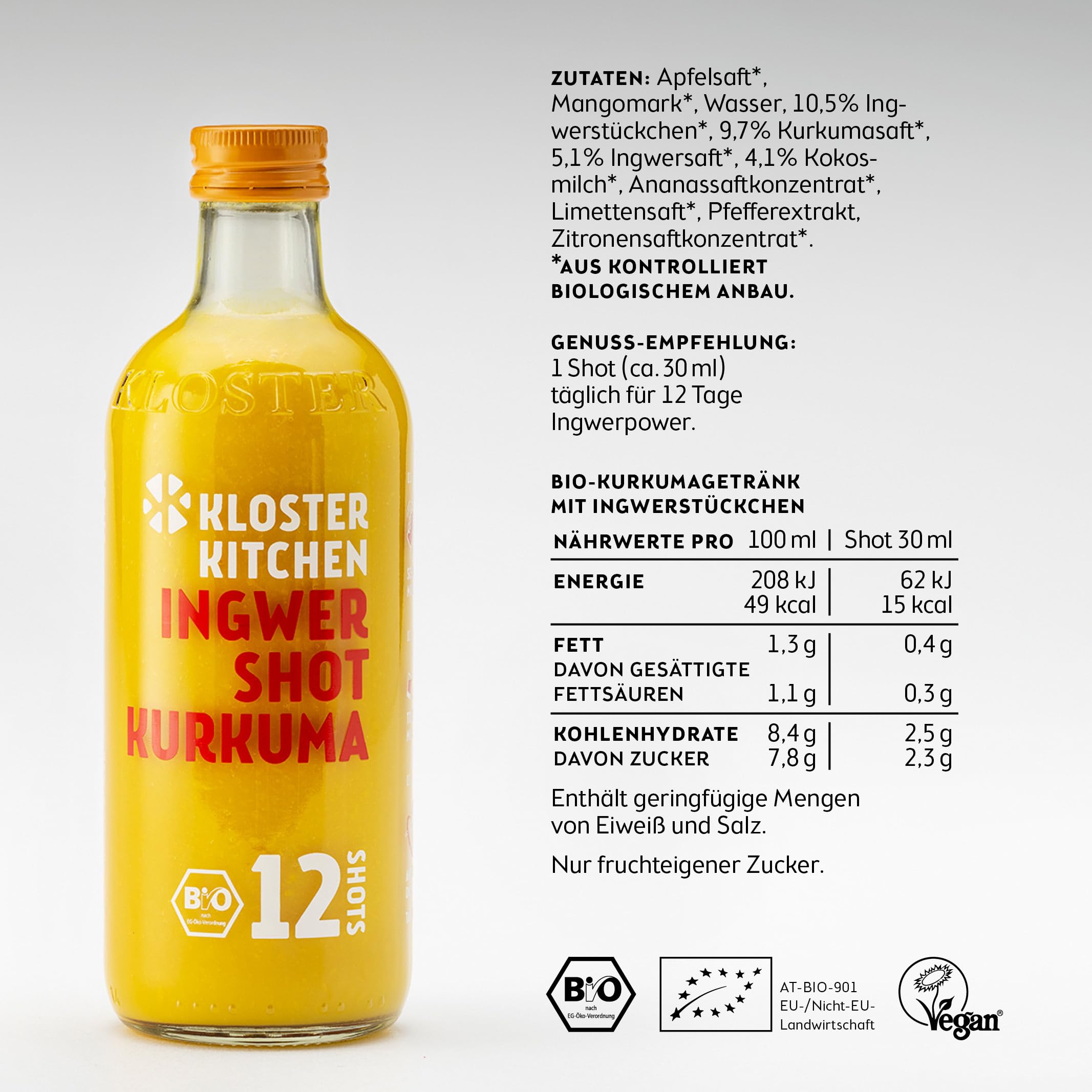 Kloster Kitchen Organic Ginger Shot Turmeric 12SHOTS 6x 360 ml con trozos de jengibre auténtico, en botella de cristal, vegano sin aditivos y con dulzor natural (incl. 1,50 € de depósito)