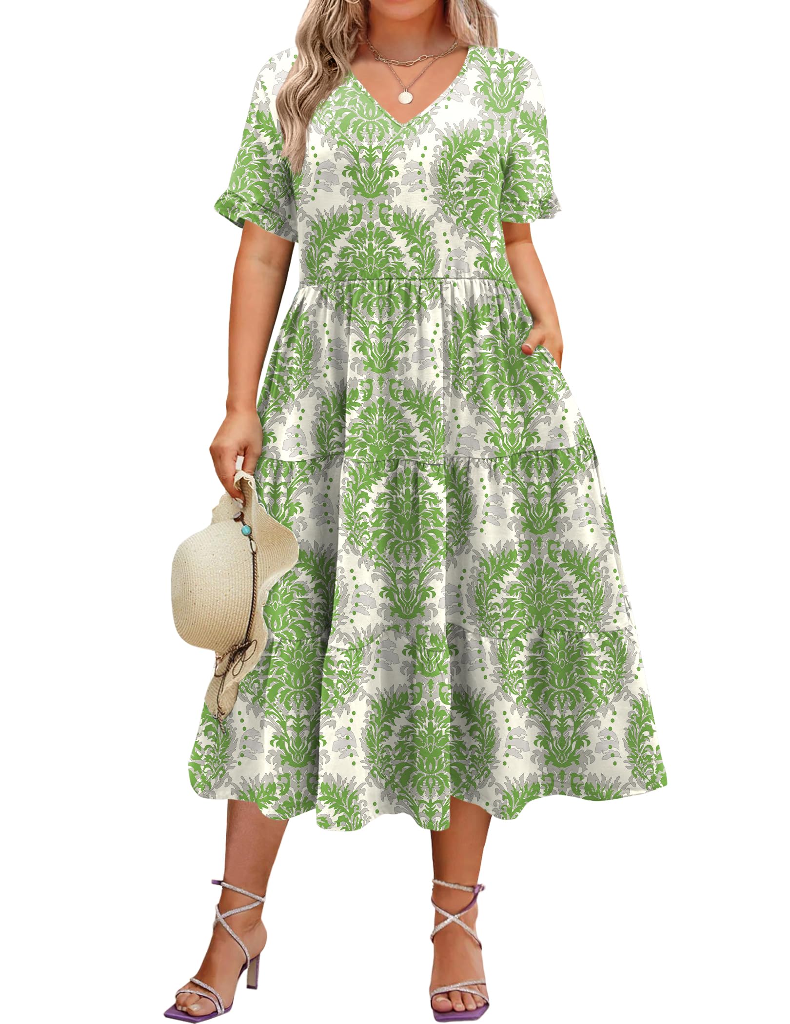 IN'VOLAND Womens Plus Size Short Sleeve Dress Summer Midi Casual Tiered V-Neck Aline Flowy Loose Dresses with Pockets