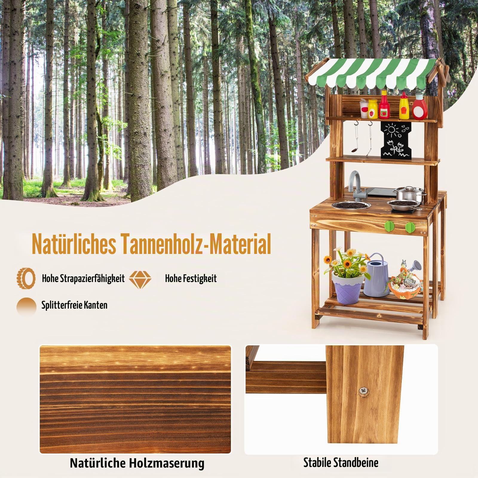 DREAMADE Matschküche Kinder Outdoor, Kinderküche mit Dach, Wasserhahn, Spüle, Tafel & Kindergrill, Doppelseitige Spielküche aus Tannenholz, Outdoor Küche für Jungen & Mädchen ab 3 Jahren