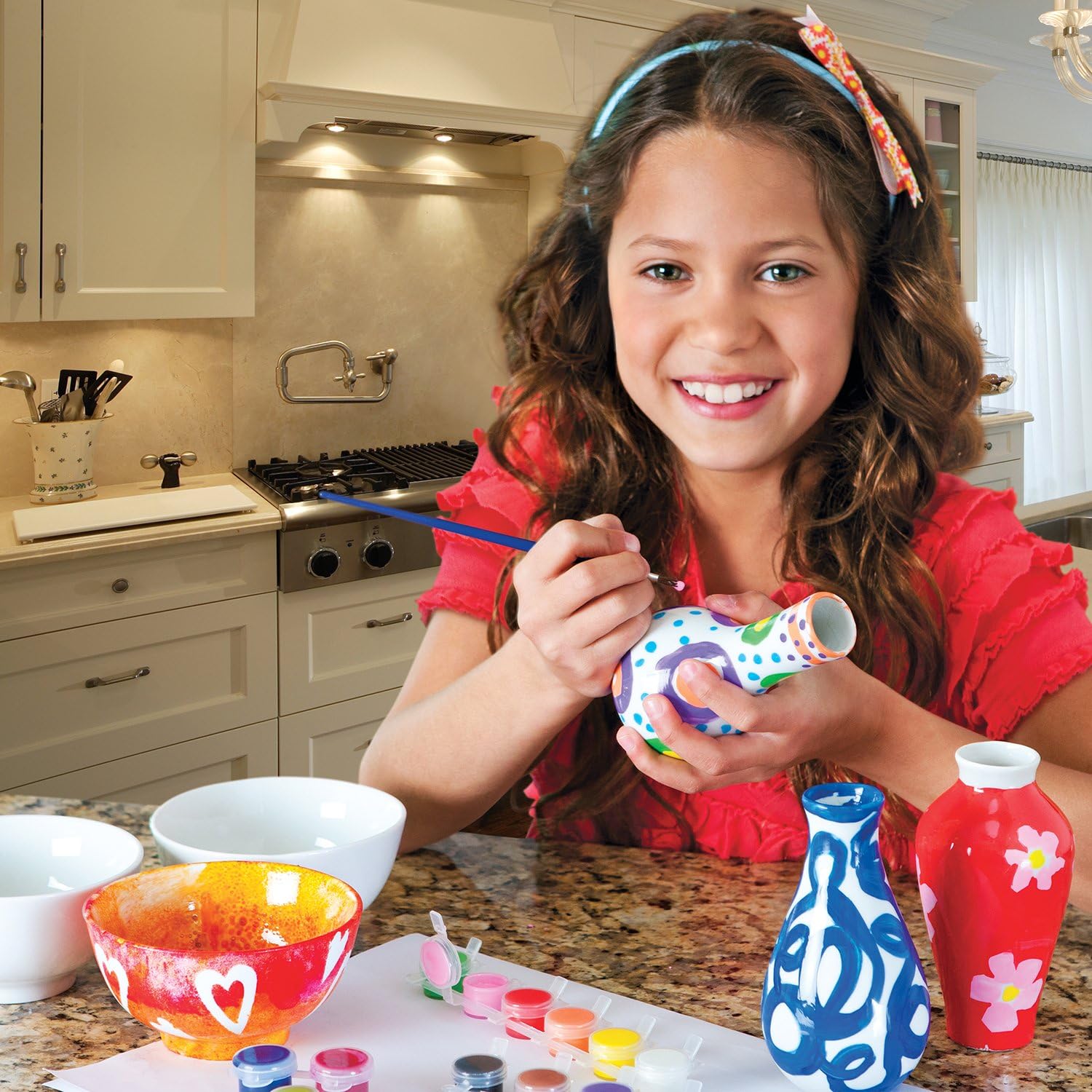 MindWare Paint Your Own Porcelain Vases & Bowls Kids Painting Kit Set of 2 - Porcelain Paint Kit with Art Supplies - Includes 3 Bowls, 3 Vases, 24 Paints, 2 Paintbrushes and Painting Guides - Ages 8+