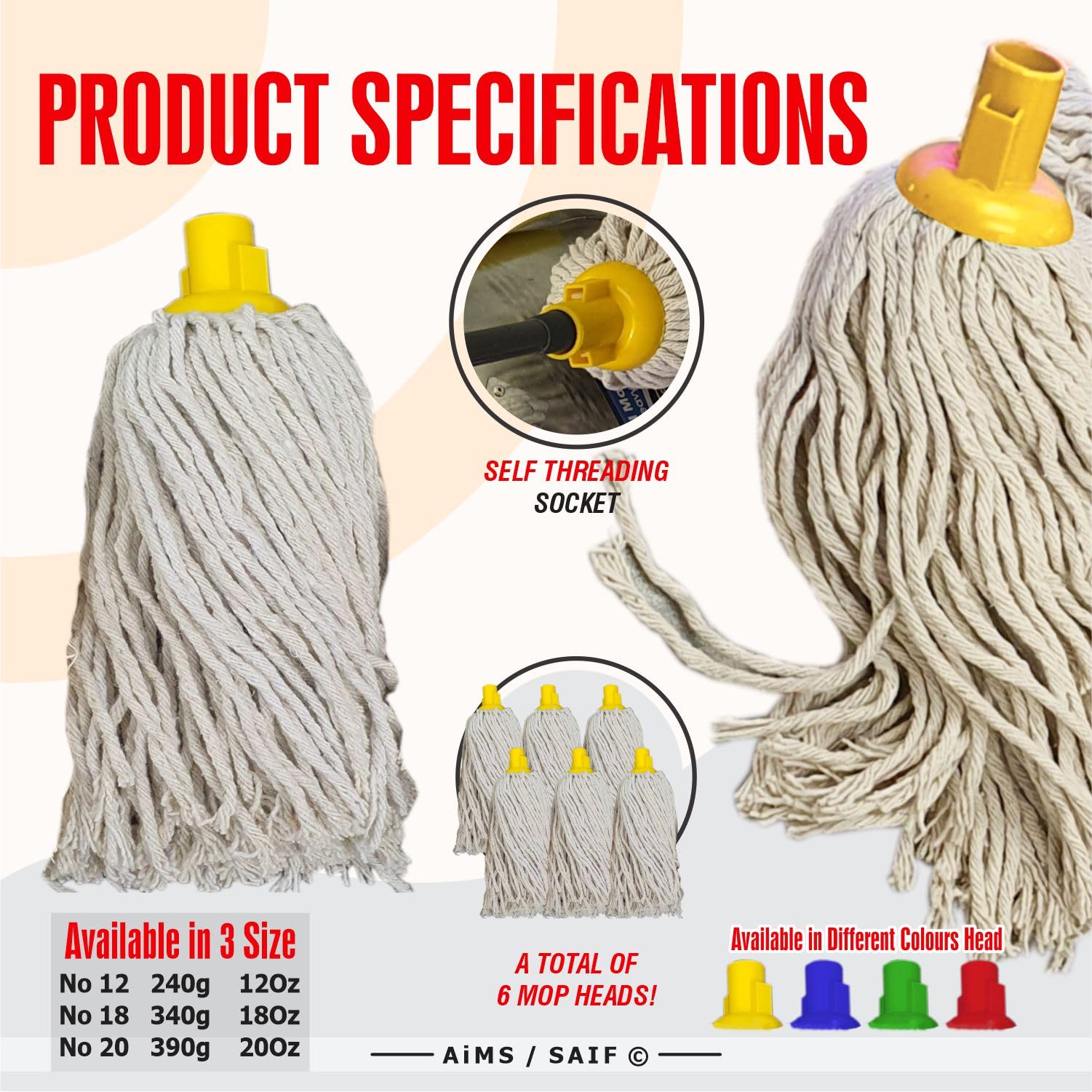 Socket Push 6 piezas paquete de plástico twINE cabeza de mopa Jumbo grande absorbente de hilo para uso diario en el hogar/trabajo, 350 g, extragrande)