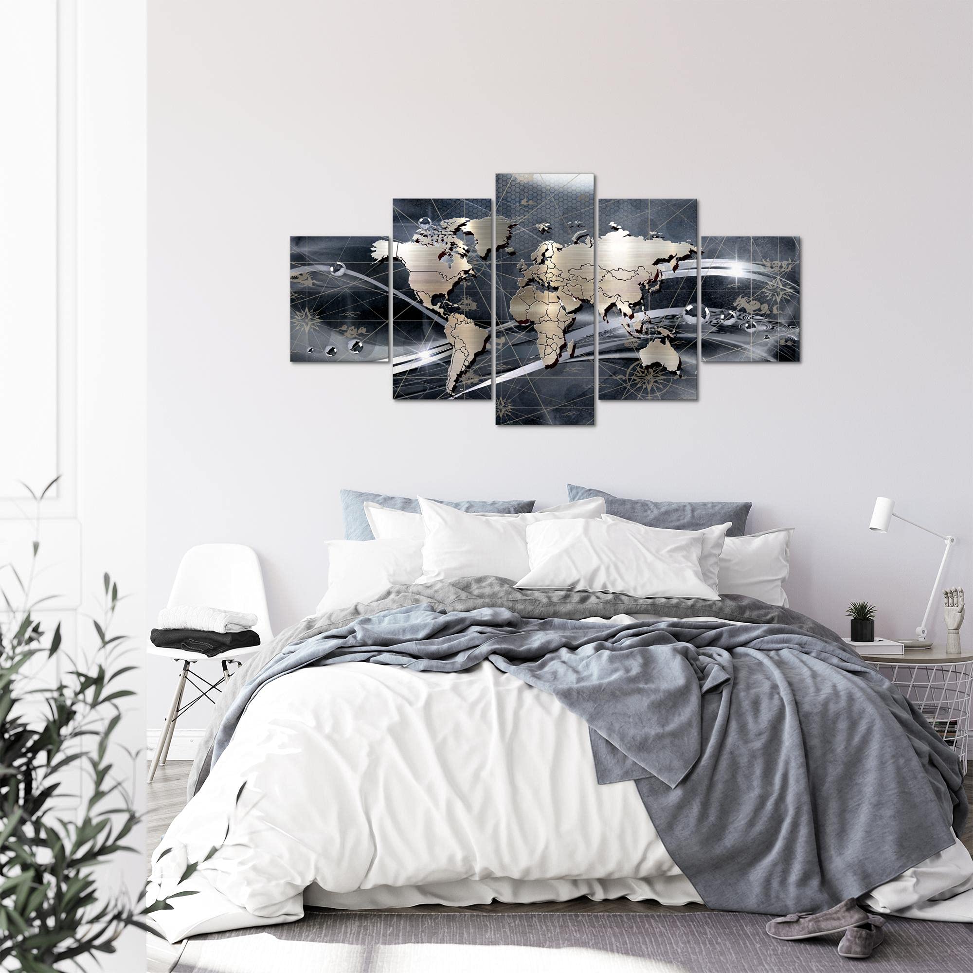 Runa Art - Quadri Mappa Del Mondo 200 x 100 cm 5 Pezzi XXL Decorazione Murale Design Grigio 106851c