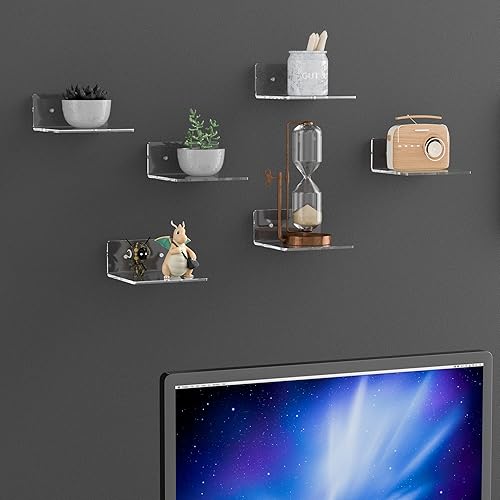 Miniatura 2 de Estantes de Pared Pequeños de Acrílico de 6 Pulgadas Paquete de 2, Estante Flotante para Montaje en Pared, Repisas de Exhibición de Acrílico para