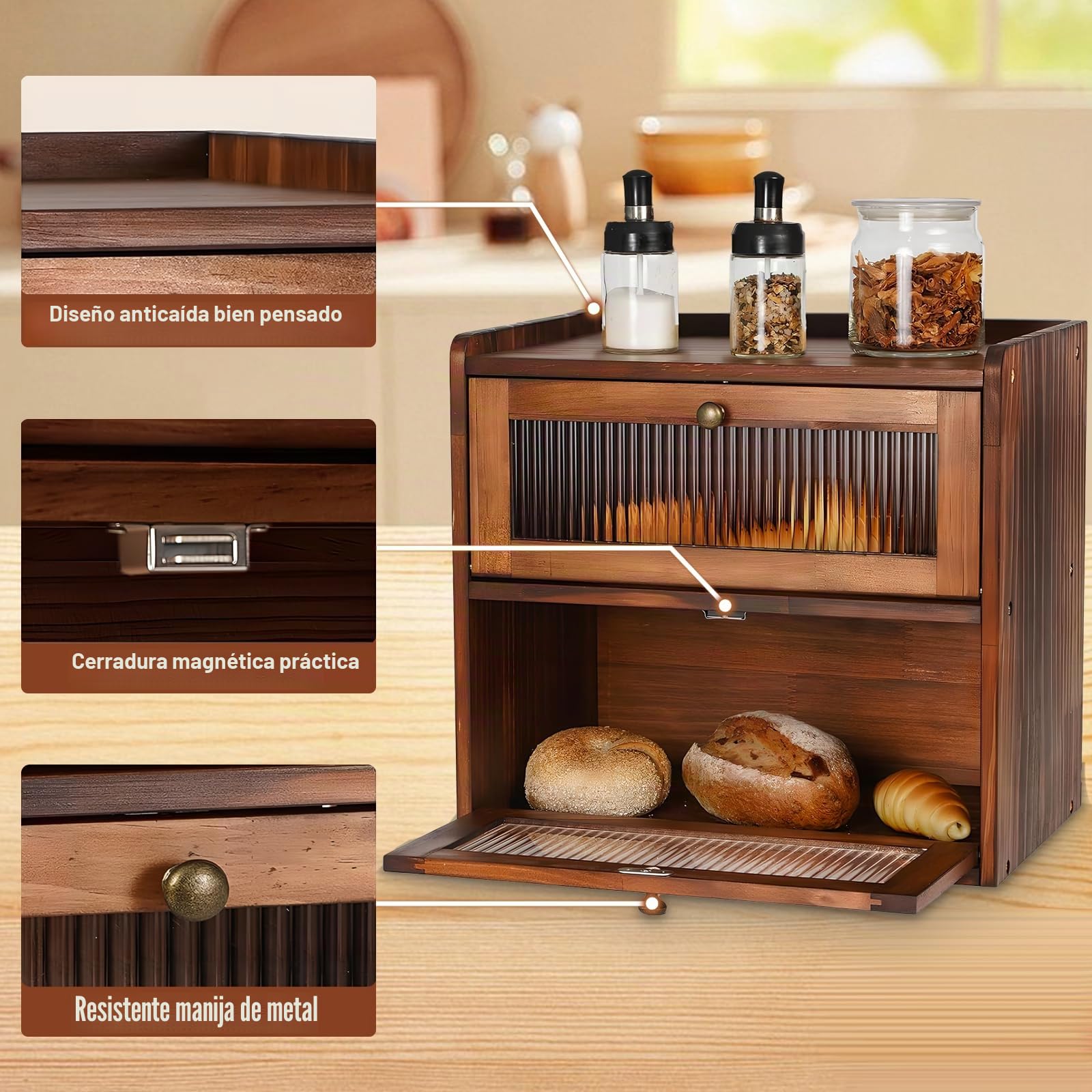Paneras Para Guardar El Pan Caja Grande De Madera Maciza Doble Panera Madera Para Guardar ReposteríA Con Puerta AcríLica MagnéTica Bread Bin (Marrón)