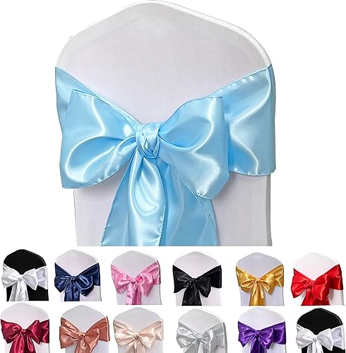 Vista 15 de Bandas de satén para silla, 50 lazos para silla, bandas traseras para bodas, fiestas, eventos, banquetes, decoración de sillas (plateado) Plata,Azul