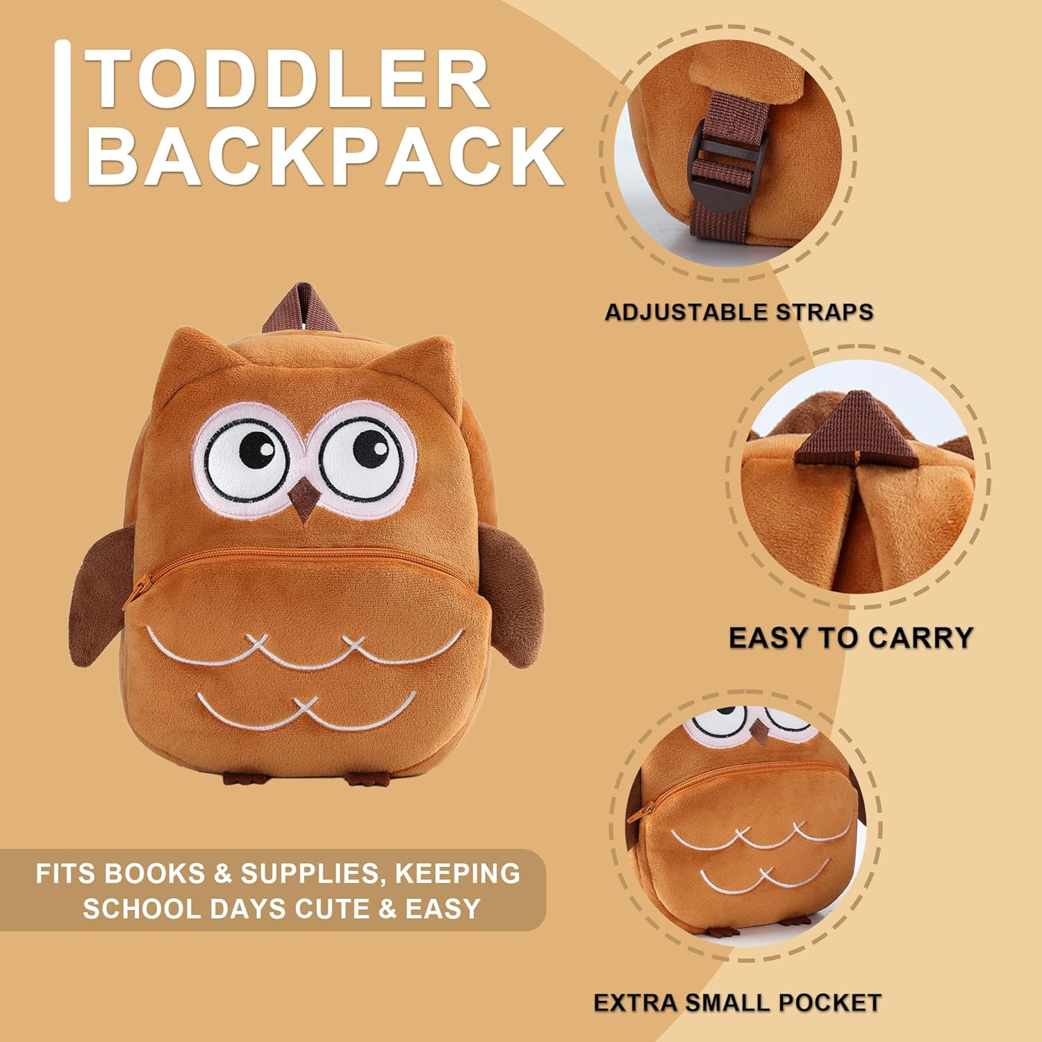 HAHASHOW Toddler Backpacks for Boys Girls 2-4, Cute Plush Animal Cartoon Kids Backpack for Daycare Kindergarten Preschool Travel Brown Owl - Image 2