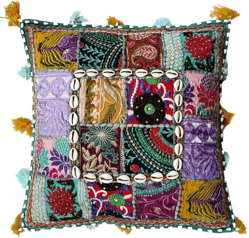 Rastogi Handicrafts Multi Color Sari Patchwork Cushion Cover - Beaded Decorative Sari Pearl and Cowrie Shell Work Ethnic Indian Square Pillow Cover (Dark Green)