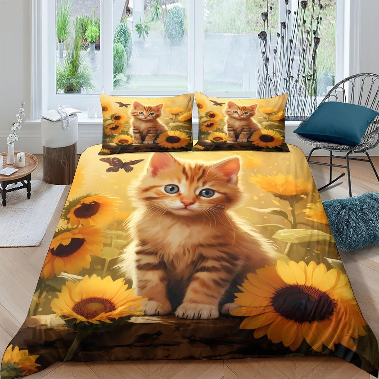 TUFRTGYHN 3D Printed Sunflower Cat Duvet Cover Set Microfiber Soft Breathable Quilt Cover with 2 Pillowcases for Bedroom Decor Single（135x200cm）