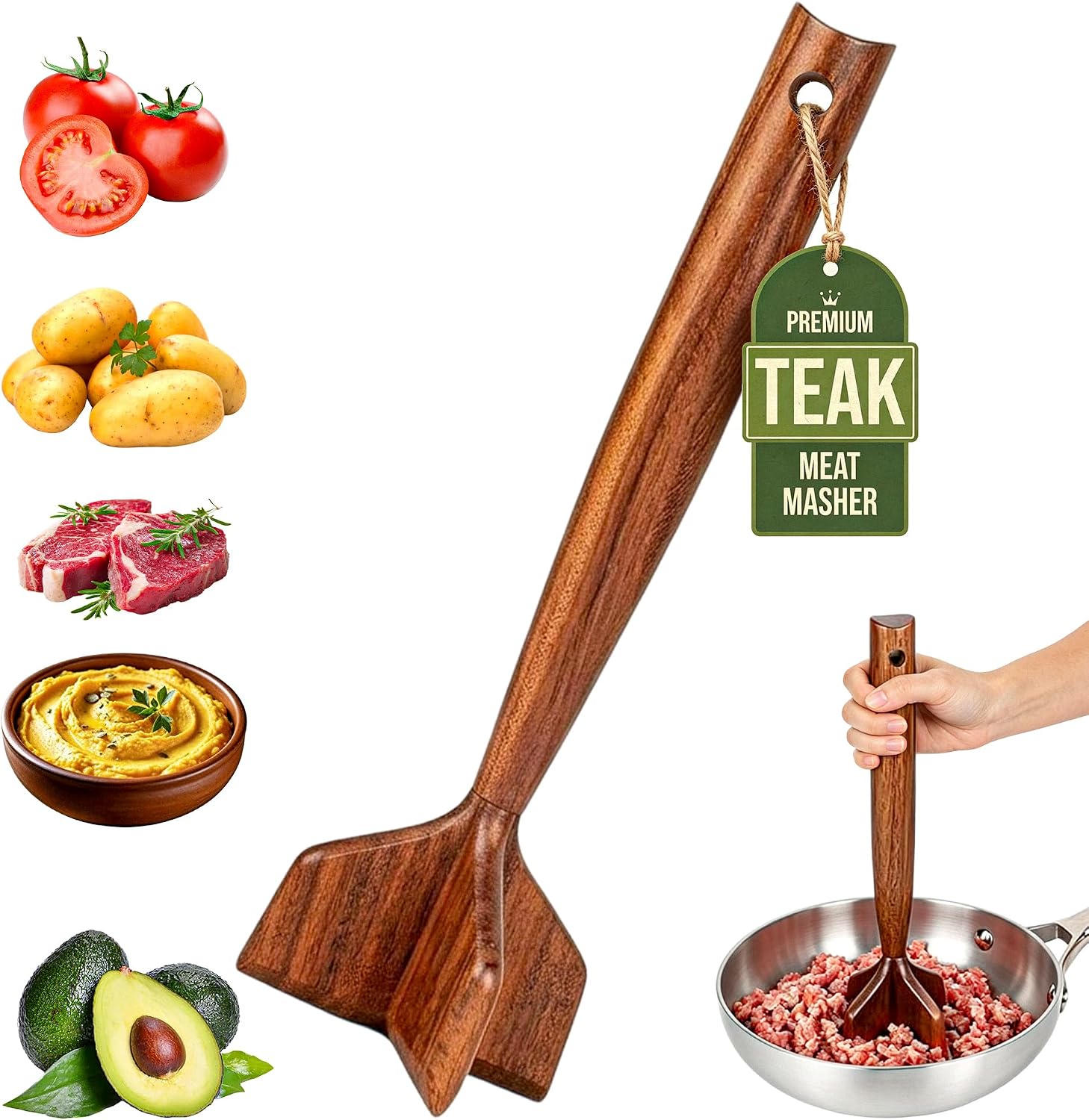 Teak Wooden Meat Chopper, Ground Beef Chopper Tool, Hamburger Smasher, Potato Masher & Chicken Shredder, Durable Wood Meat Pounder Kitchen Utensil, Cooking Gadget 10.6 Inches（RedTeak）
