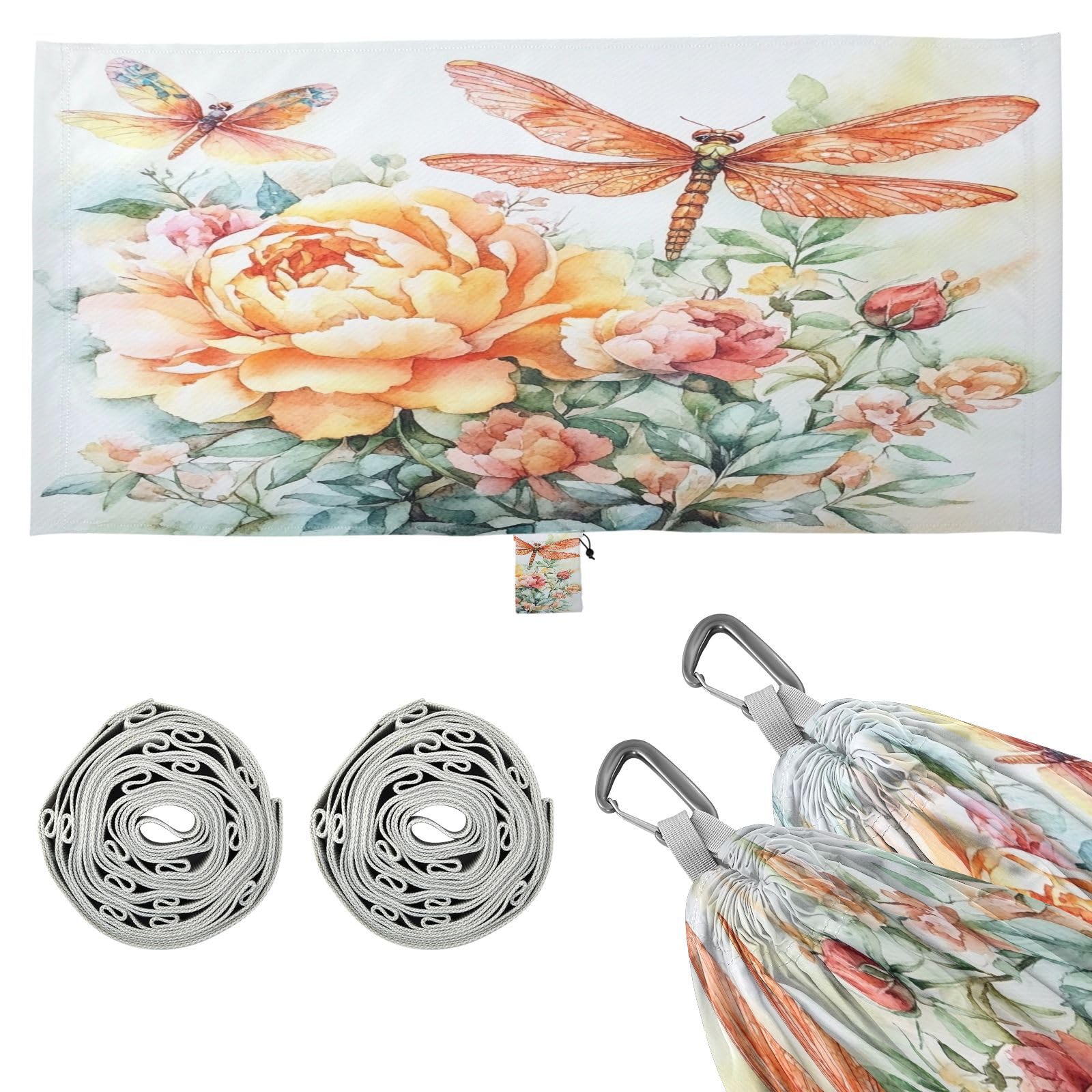 Haskirky Peony Dragonfly Camping Hammock, Single Portable Hammocks with Tree Straps & Attached Carry Bag, 330Lbs Capacity Perfect for Outside Indoor Hiking Beach Backpack Travel