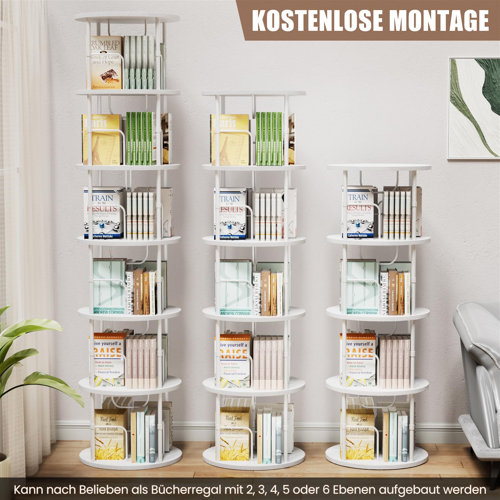 Generisch 360° Drehbares Bücherregal, Bodenstehendes Bücherschrank Aus Holz, Bookshelf Mit 6 Ebenen, Verstellbare Ebenen, Standregal, 45×45×193cm, Weiß
