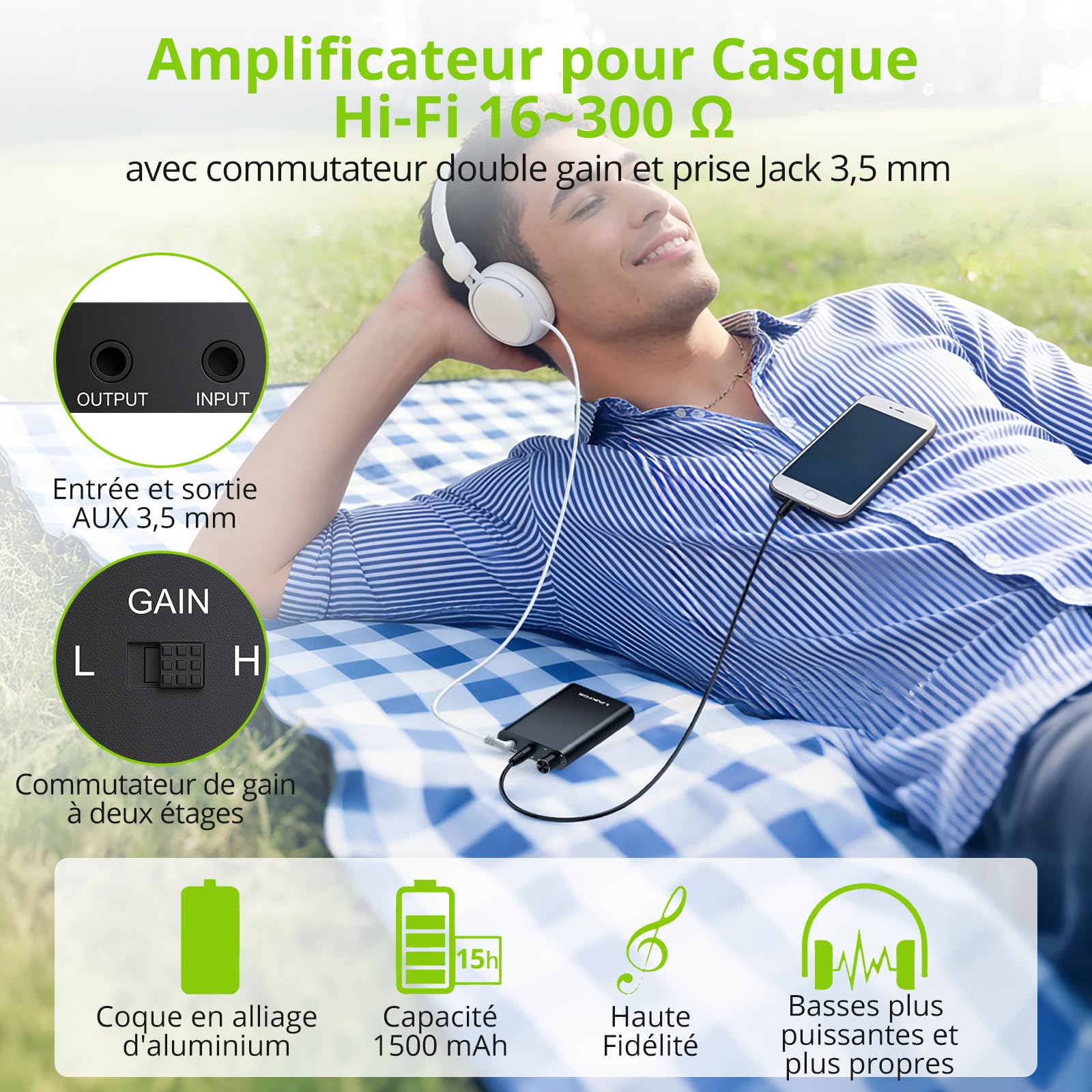 LiNKFOR Amplificateur Casque Portable Hi-FI - Commutateur Gain & Support Haute Impédance 300Ω - pour Smartphone, PC, Voyage