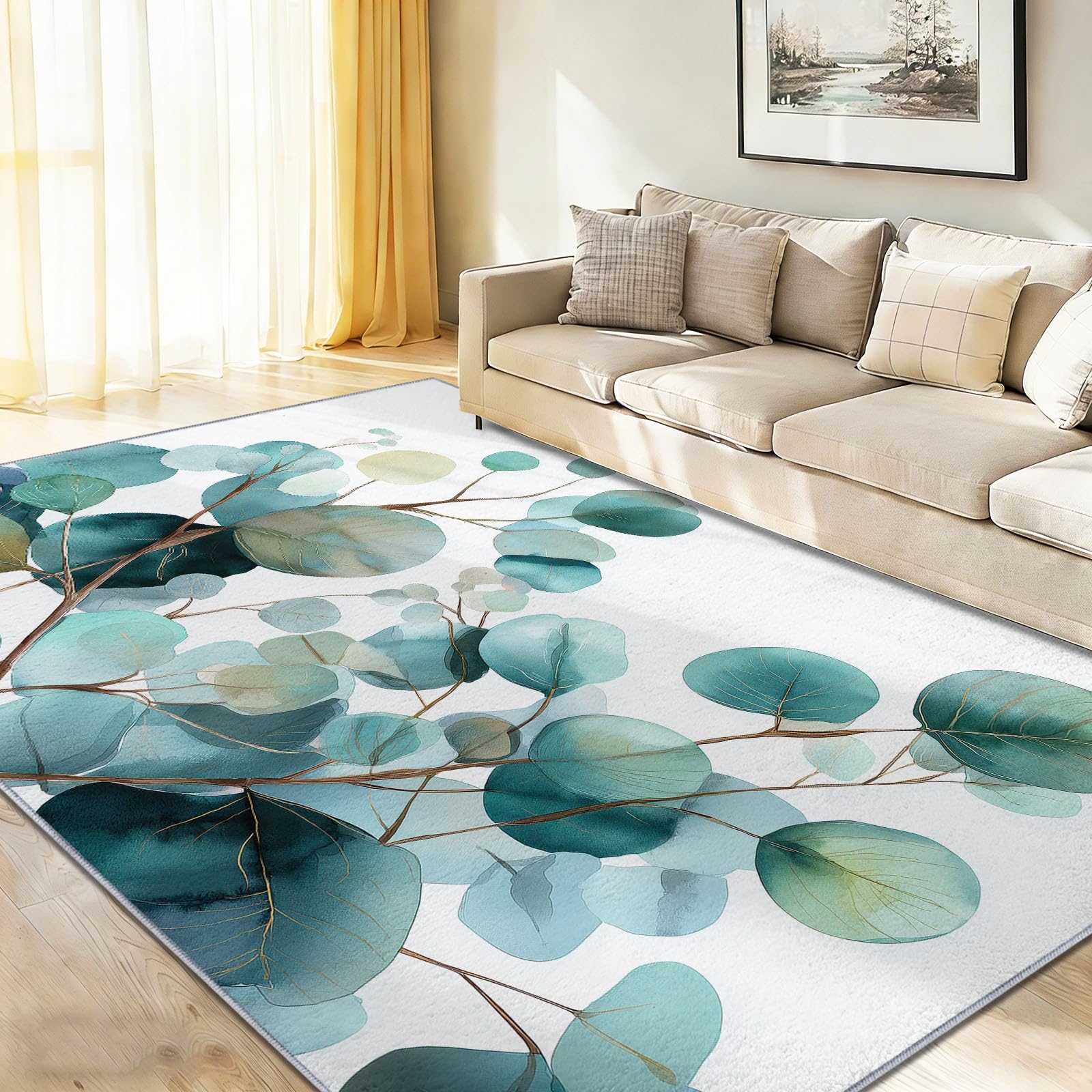 Tapis salon lavable résistant aux taches motif minimaliste plante blanche