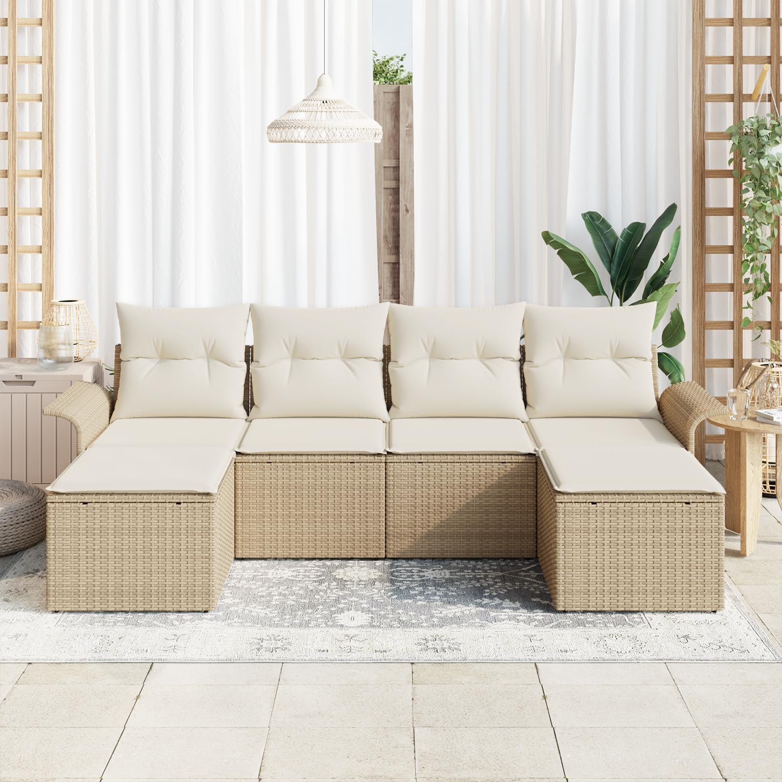Juego de 6 sofás de jardín con cojines beige de poliratán, resistente a la intemperie, para exteriores, muebles de jardín, muebles de relax, muebles de terraza