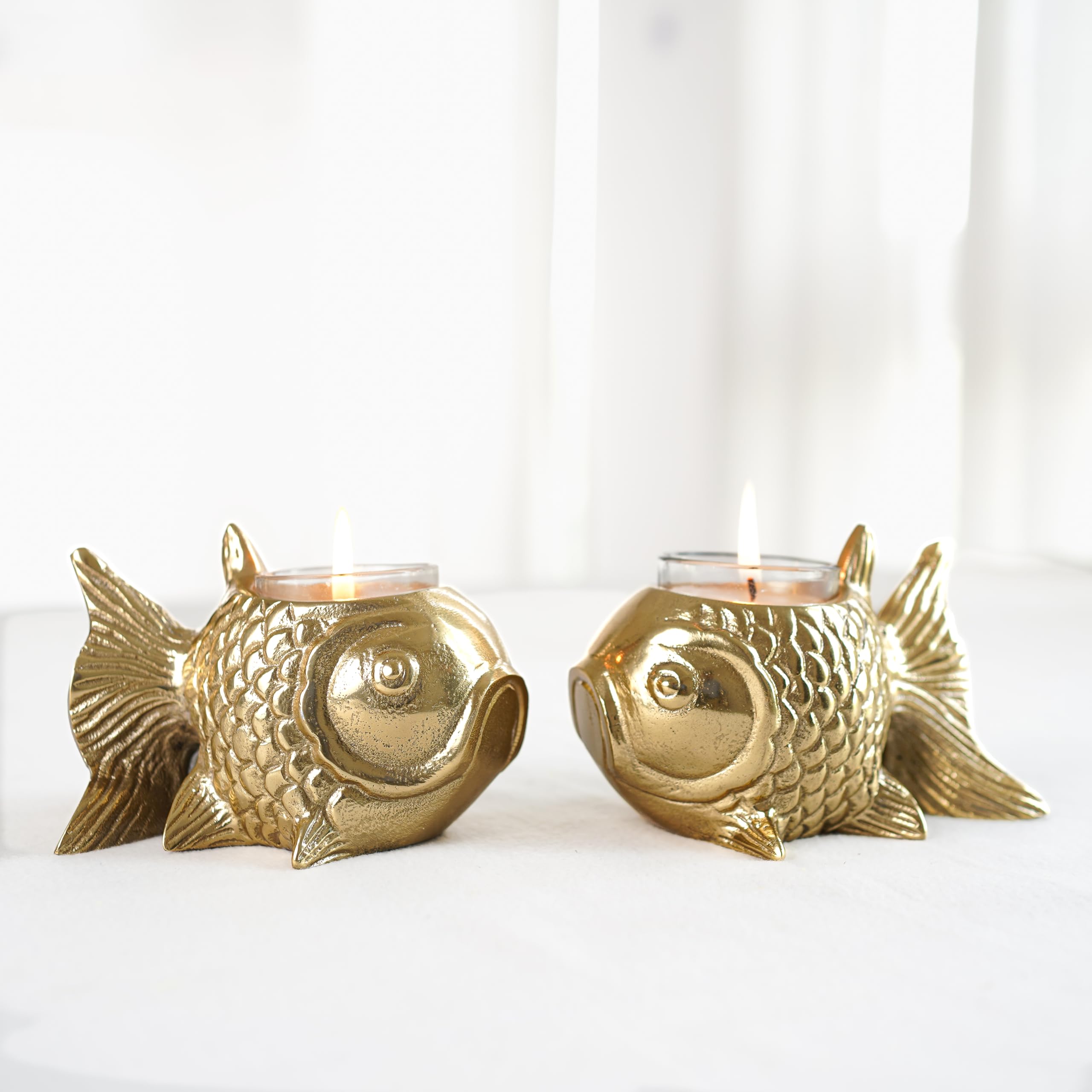 BEHOMA Metal Fish Aluminum Figurine with Votive Good Luck and Success | Candle Holder for Home Decor Tabletop Living Room | Showpiece for Valentine's Day, Birthday, Gold,13.5 Cm,7.5 Cm