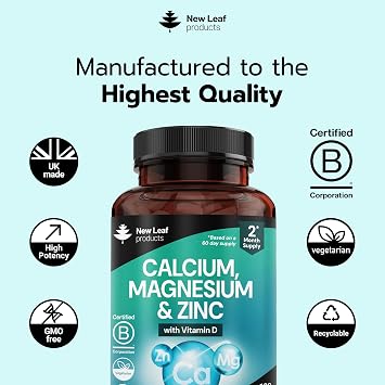 Calcium Magnesium Zinc and Vitamin D Supplement - 120 High Strength Tablets Supplement with Magnesium Vitamin D, Zinc Tablets Complex Made in The UK by New Leaf