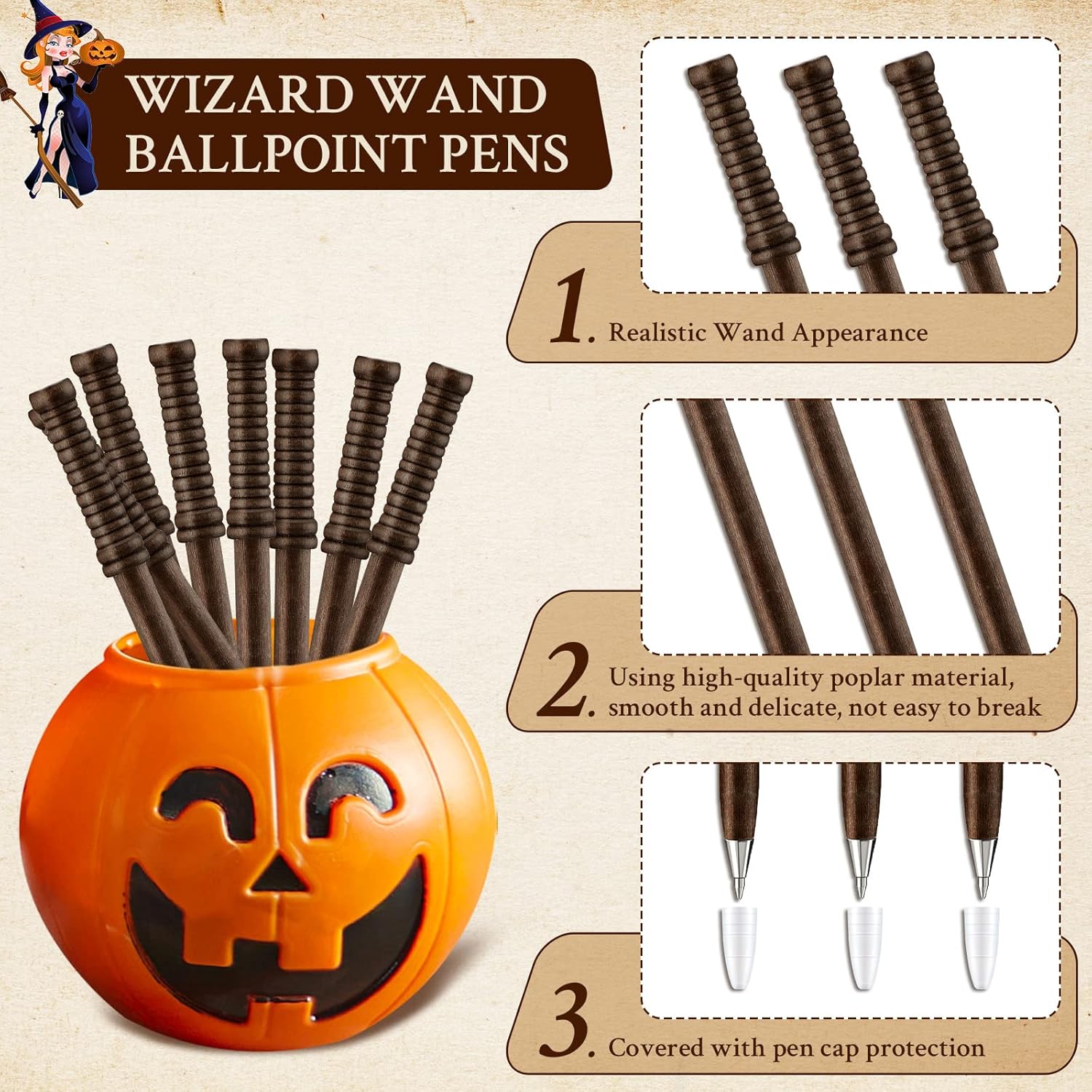 Fumete 30 Pieces Halloween Witch Broom Ballpoint Pen Bulk Halloween Party Favors Witch Wand Broomstick Ballpoint Pen with Pen Cap for Teen Kids Party Gifts School Rewards(Basic)