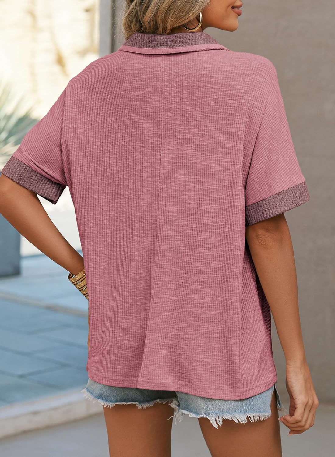 Dokotoo Women's Summer Tops Color Block Short Sleeve V Neck Knit Casual Loose Pullover Tops Shirts