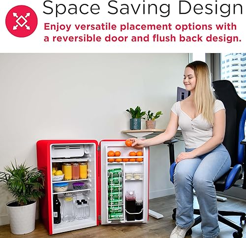 Vista 6 de Frigidaire Retro Compact Refrigerator with Chiller, 3.2 cu ft Countertop Fridge, Built-In Bottle Opener, Rounded Corners, Premium, for Office, Rojo