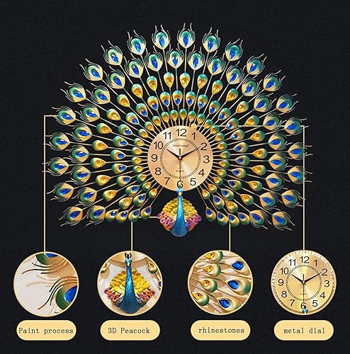 Miniatura 7 de Reloj de pared grande de pavo real con diamantes de cristal, esfera de arte moderno, reloj de pared silencioso de cristal 3D, aguja de metal,