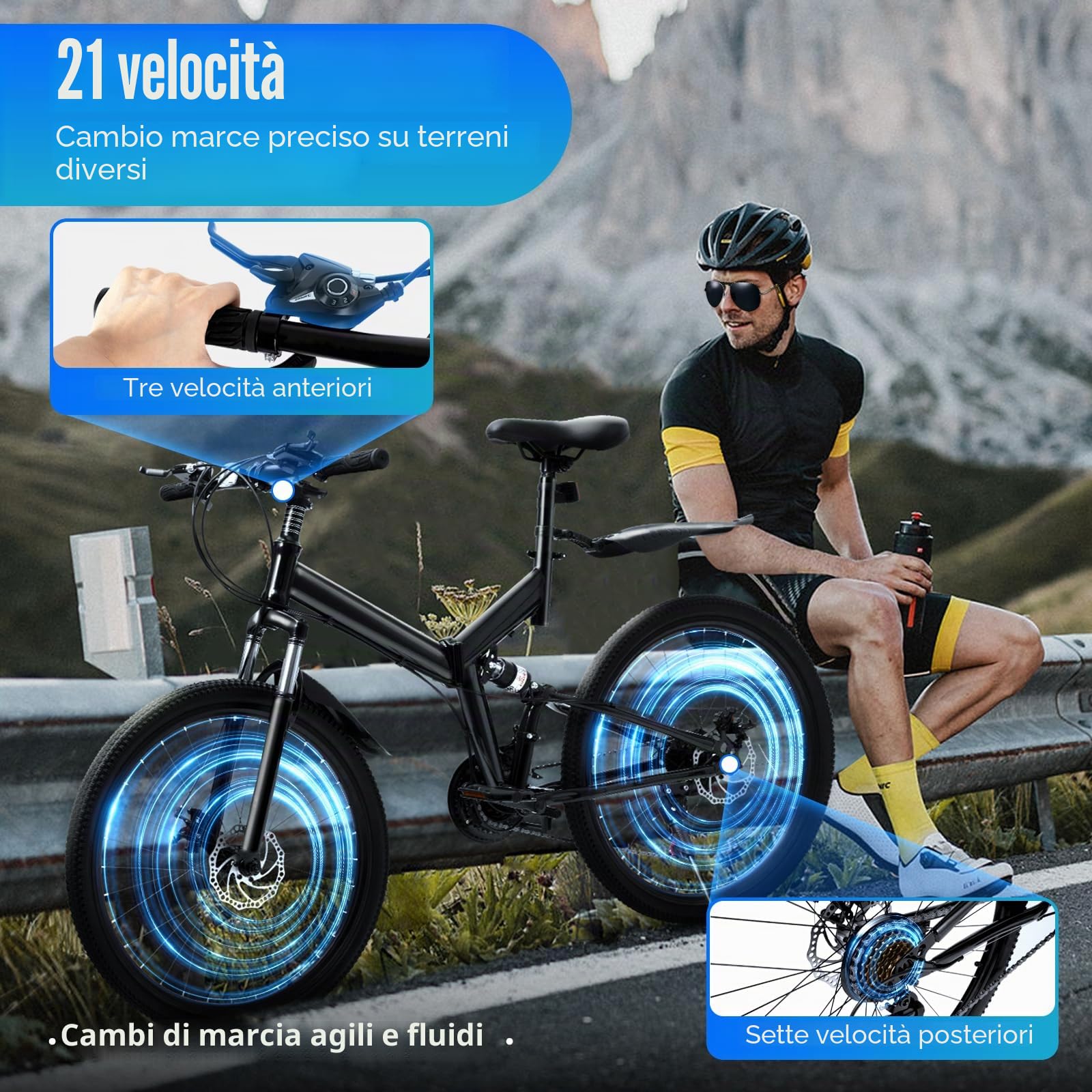 MccoMMon Mountain bike 26 pollici, bicicletta pieghevole a 21 marce, mountain bike pieghevole in acciaio di alta qualità con freni a disco ammortizzanti, mountain bike portatile per uomini e donne