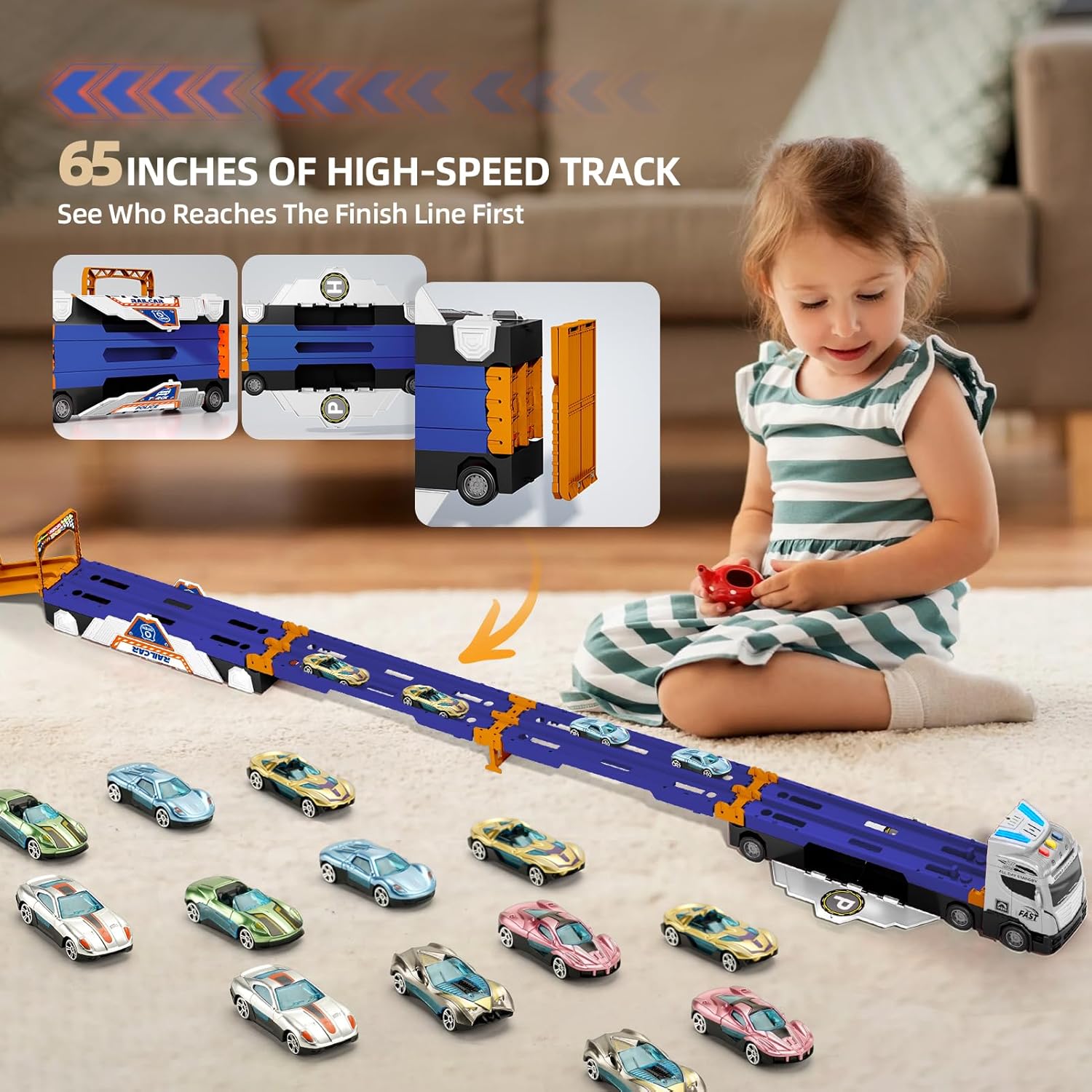 Jiakora 65-Inch Race Car Tracks and 20 Car Toys for Kids Boys Toddlers, Boy Toddler Toys Trucks for 3 4 5 6 7 8 Years Old Kids with Lights Sounds, Truck Toys Gift for 3 4 5 6 7 8 Years Old Boys Girls