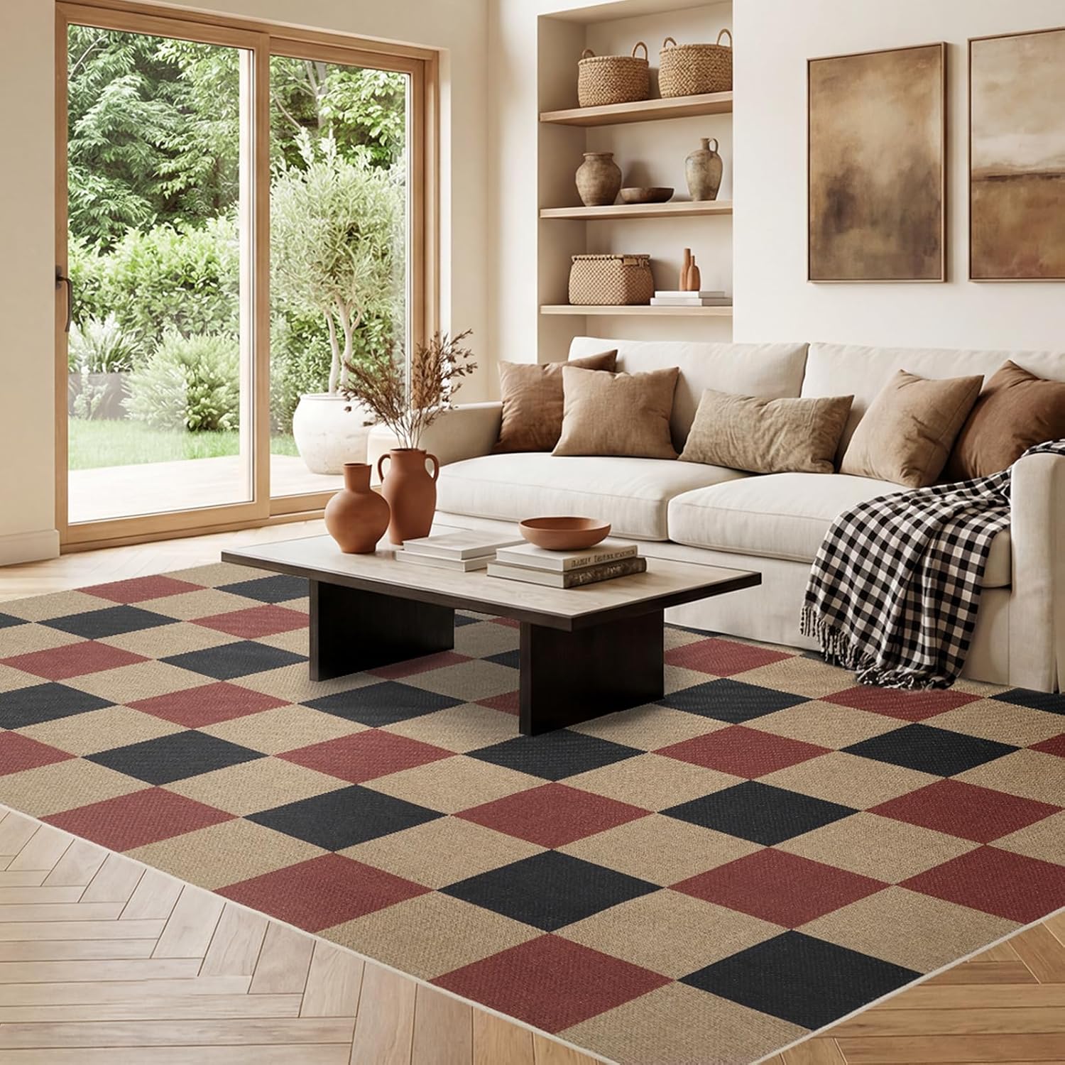 Sasttie Checkered Jute-Look 5x7 Area Rugs, Washable 5x7 Rug for High Traffic Indoor & Outdoor, Farmhouse Aesthetic Carpet for Living Room, Kitchen, Patio, Deck, or Balcony, Red/Natural/Black