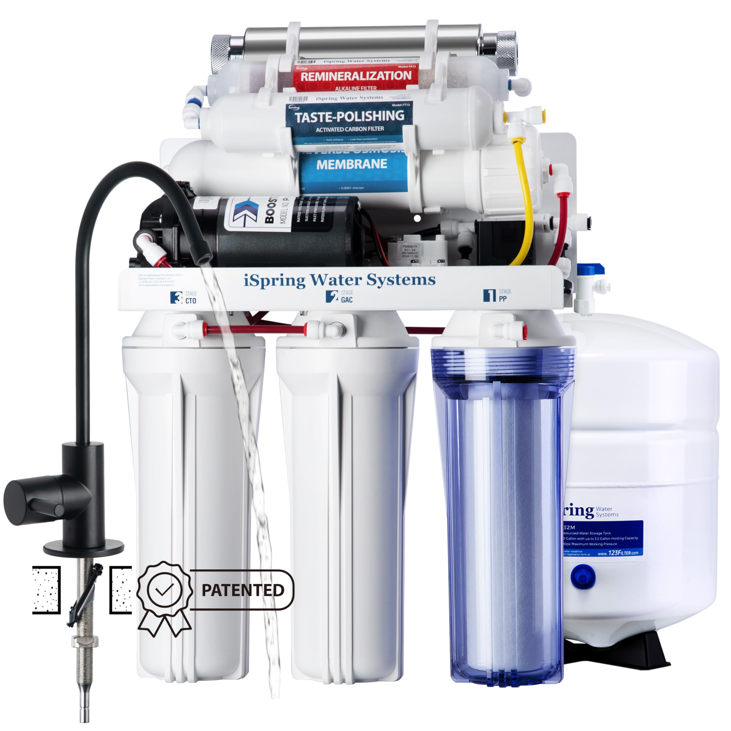 iSpring RCC1UP-AK-BLK, 7-Stage Alkaline UV Reverse Osmosis Water Filter with Booster Pump, Sleek Black RO Faucet TDS PFAS Microplastic Removal, Patented Top-Mounted Faucet Design for Easy Installation, Black