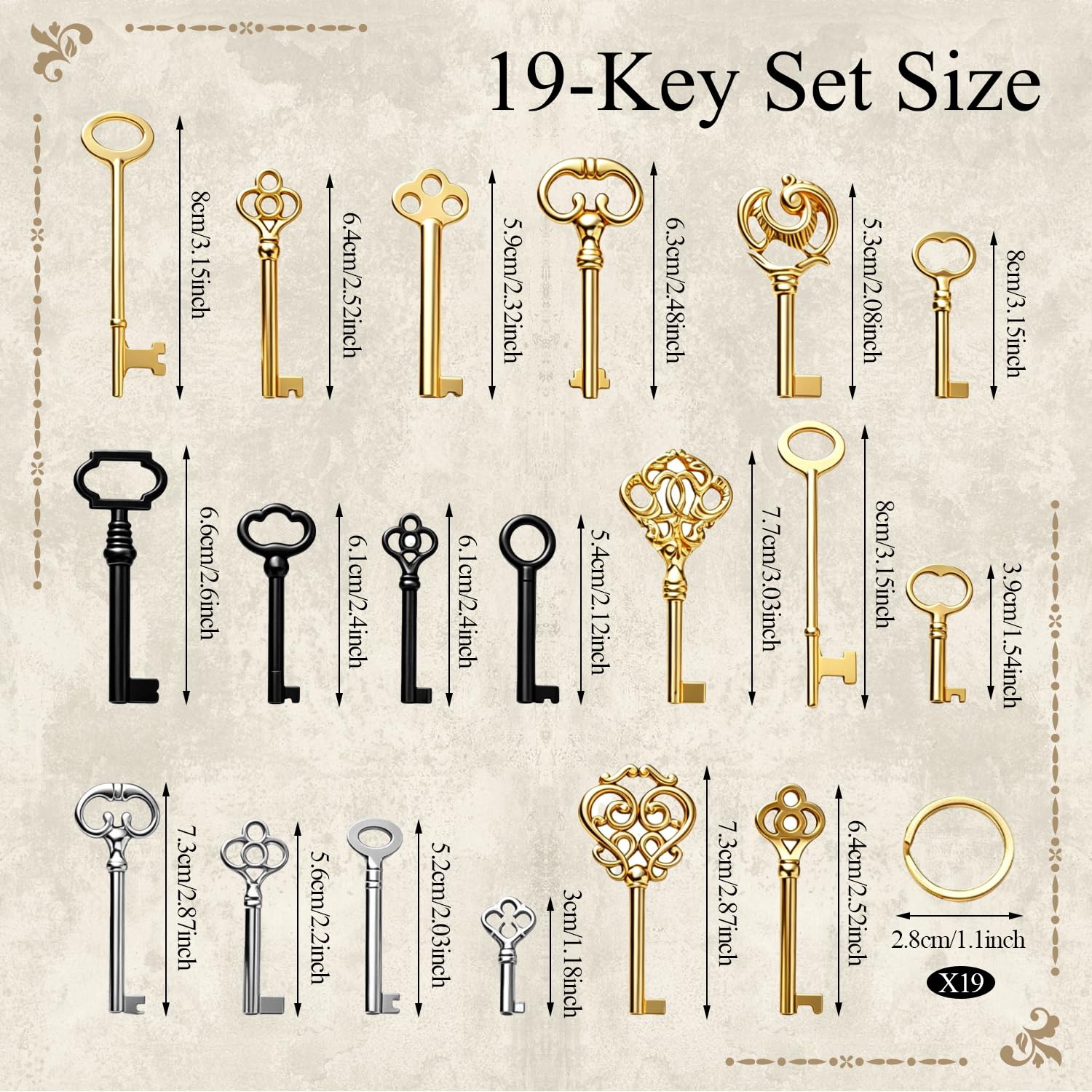 19 Stück Vintage Universal Schrankschlüssel Set Multi-Stil Antike Schlüssel für Alte Möbelschlüssel Ersatz Schränke Uhren Schubladen Schränke DIY Deko und Sammeln