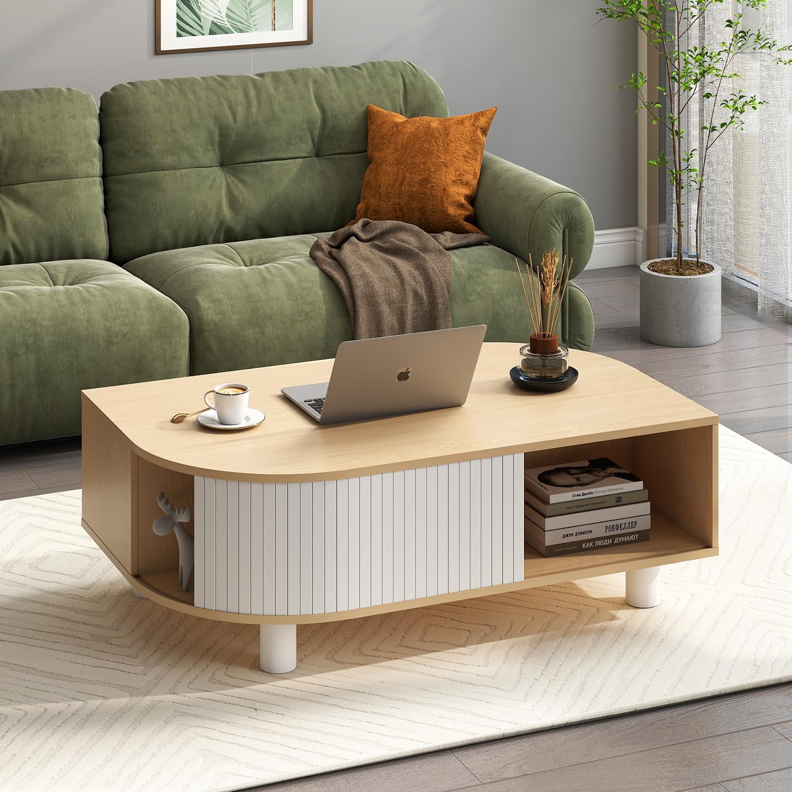 Boho 39.4" Coffee Table with Storage - Leaf-Shaped Wood Center Table, Retro Fluted Central Table with Sliding Door & Large Hidden Compartment, for Living Room Home Office, Oak