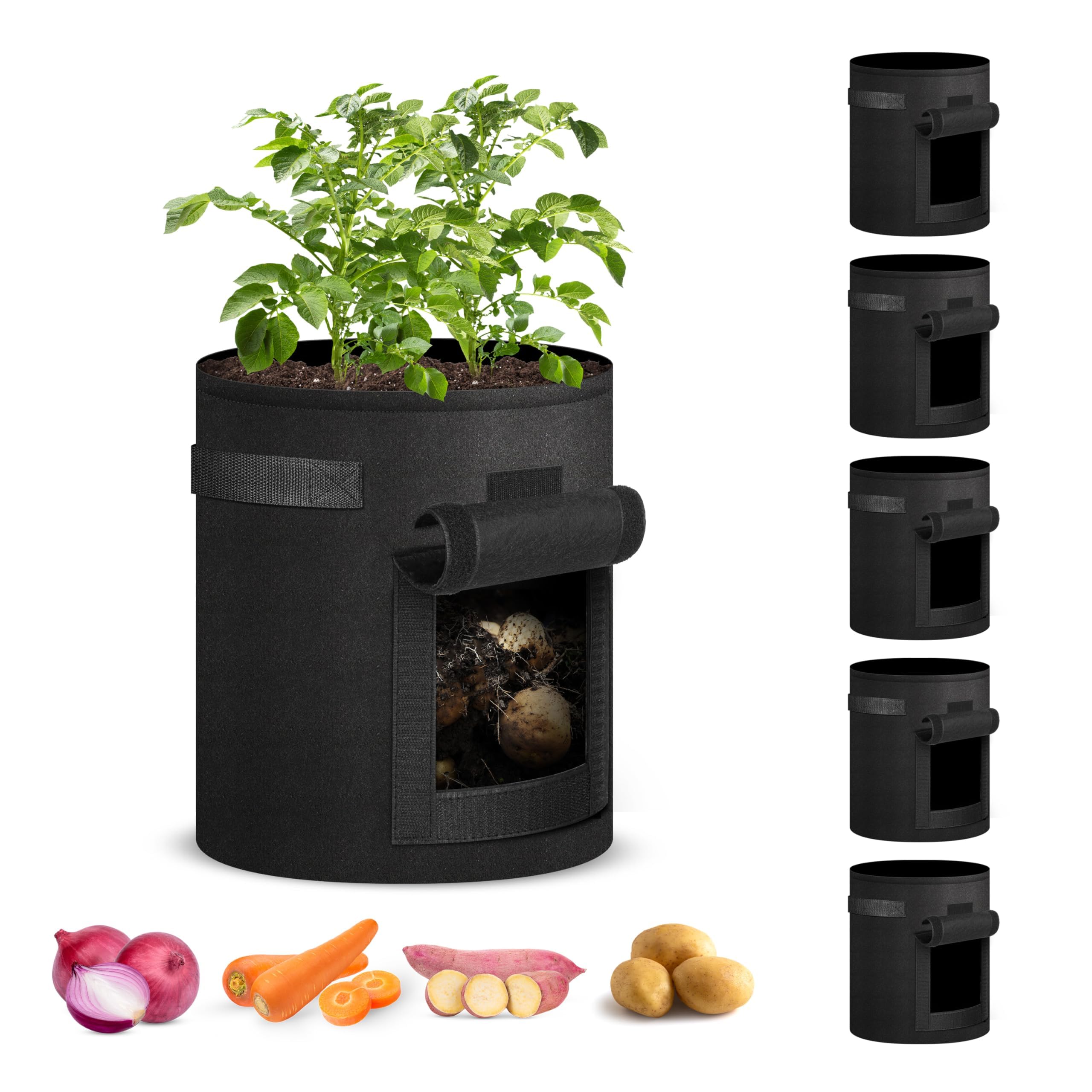 iPower Paquete de 5 macetas de jardín con Mango Duradero y Ventana de Cosecha, contenedor de Tela no Tejida Gruesa para Patatas, Tomates, Zanahorias, Verduras y Frutas, Color Negro